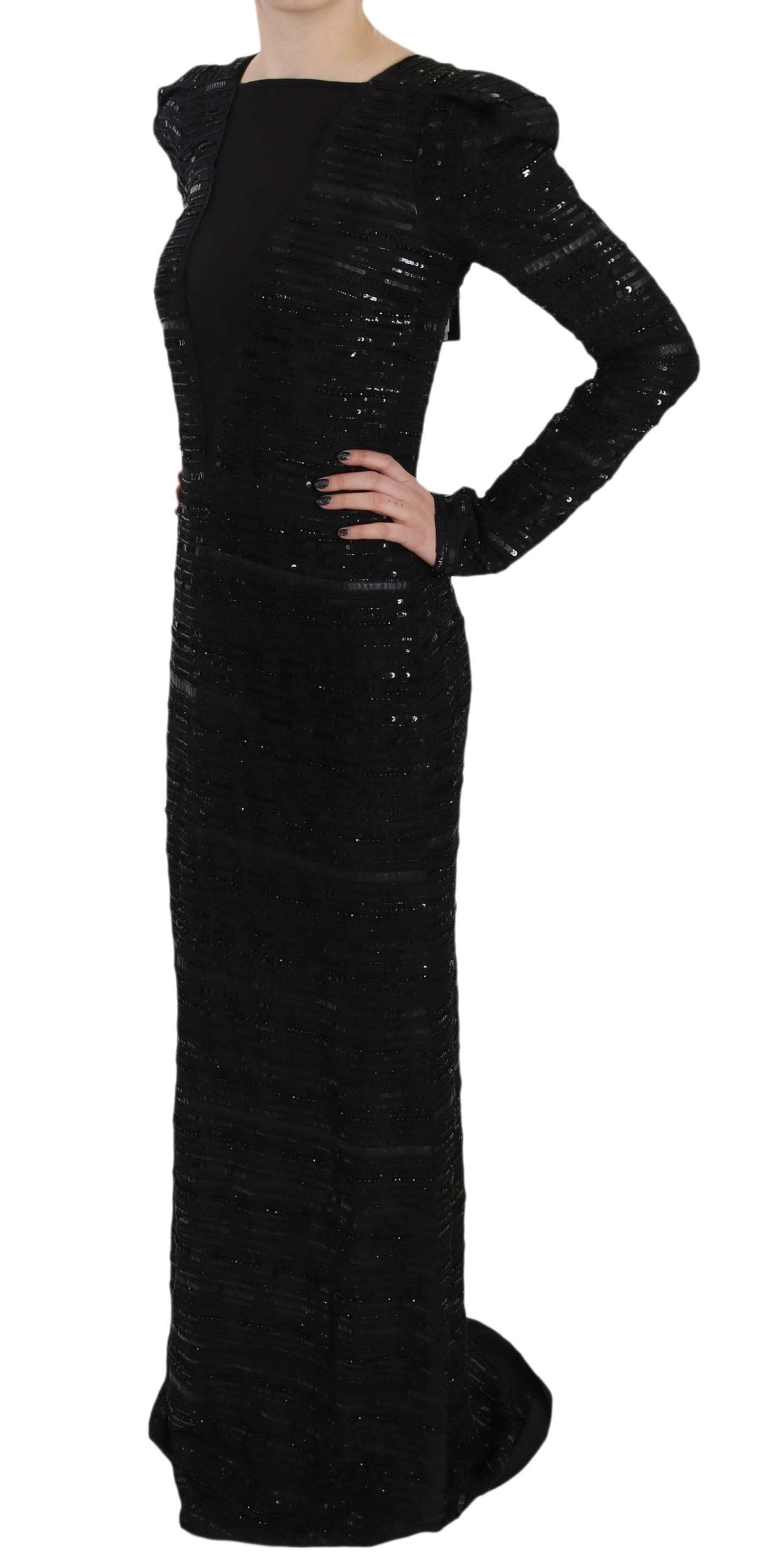 Black Silk Sheath Maxi Dress with Sequins - ventzia