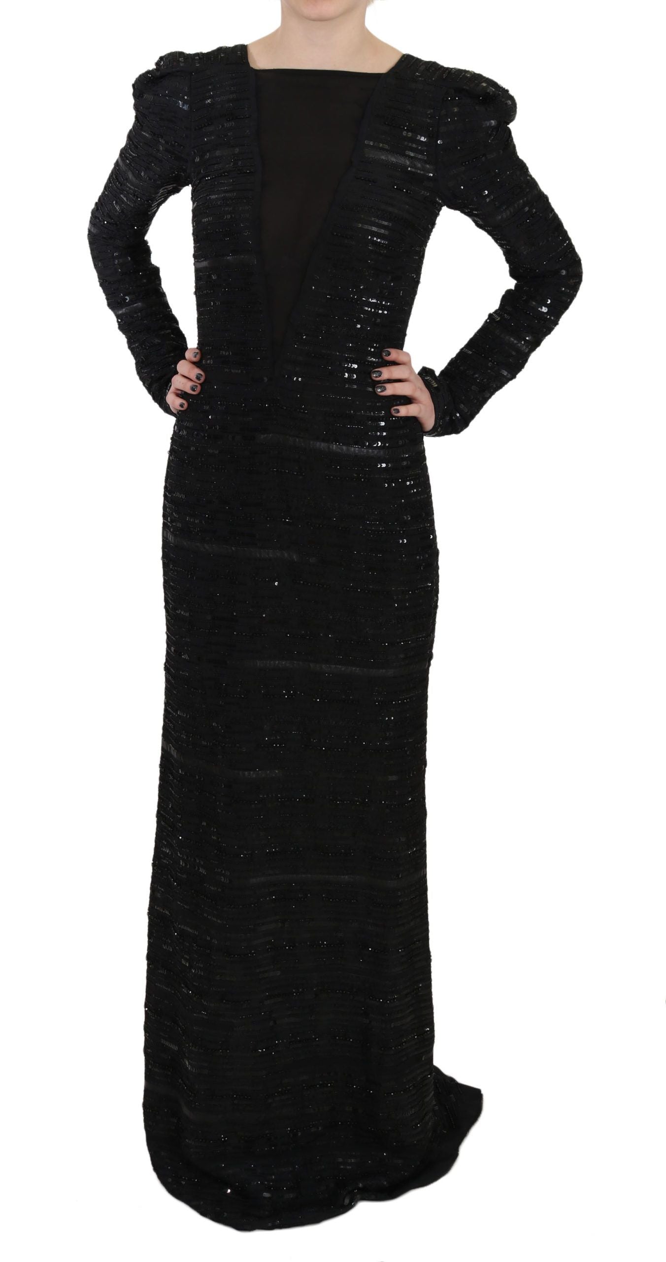 Black Silk Sheath Maxi Dress with Sequins - ventzia
