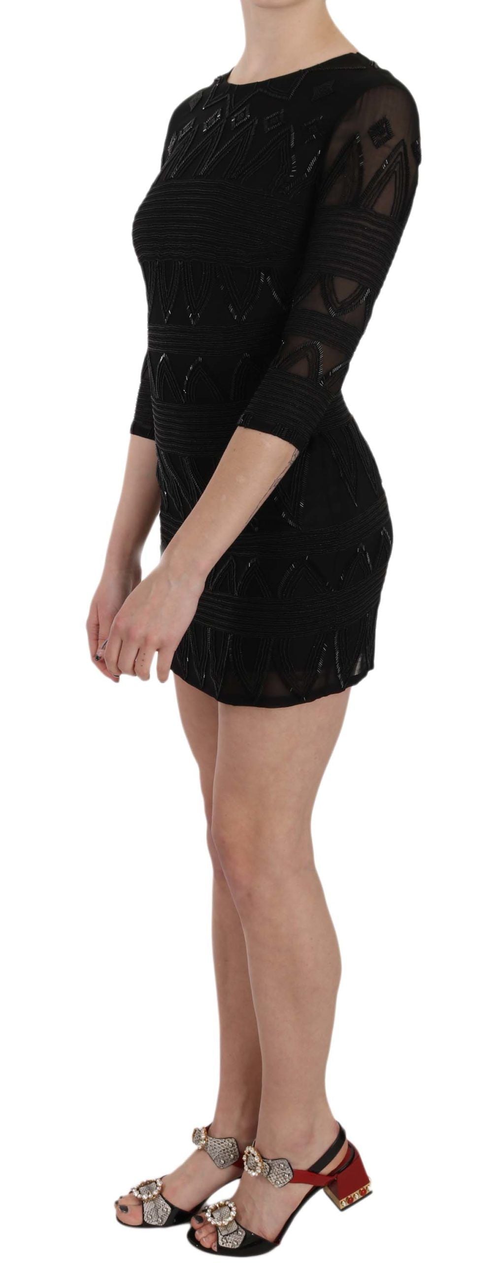 Elegant Black Silk Mini Dress with Sequins - ventzia