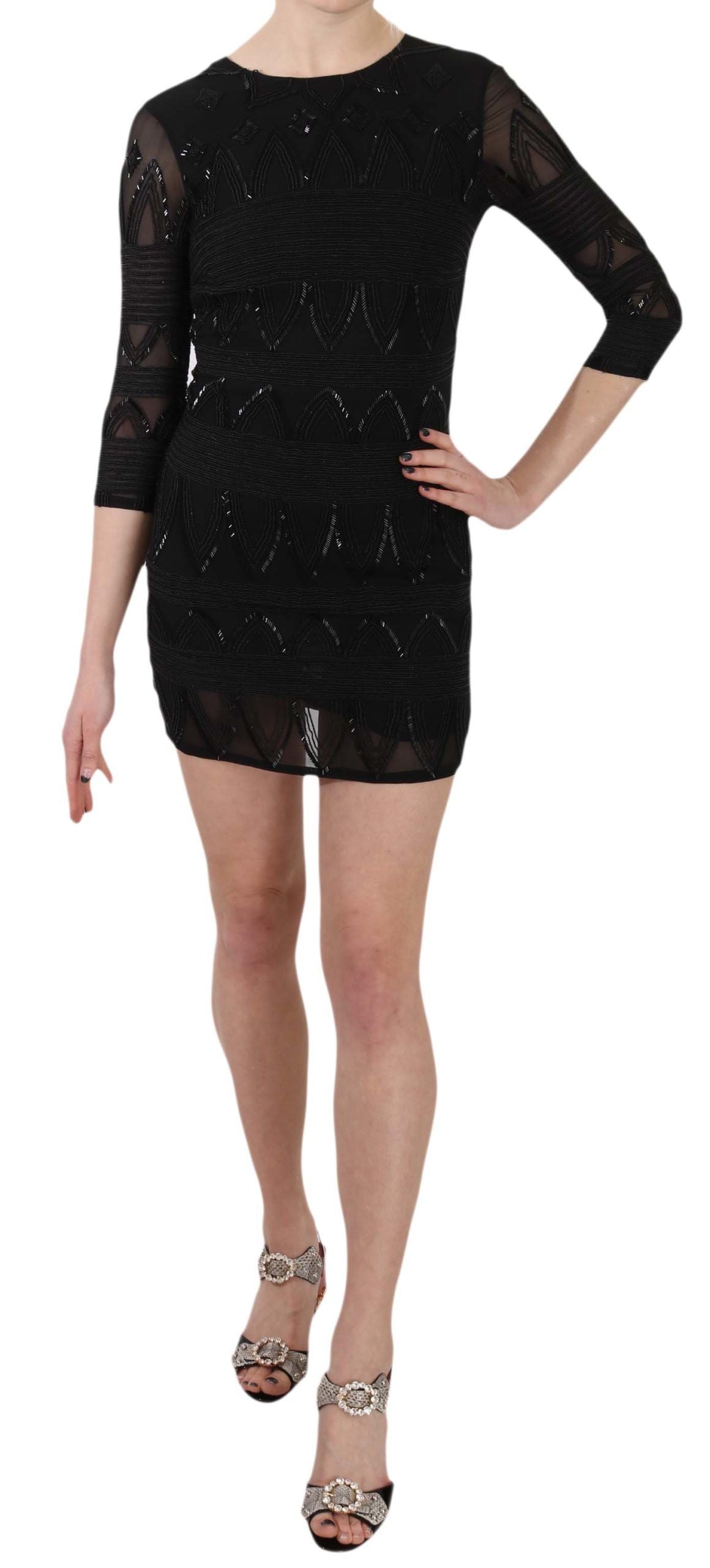 Elegant Black Silk Mini Dress with Sequins - ventzia