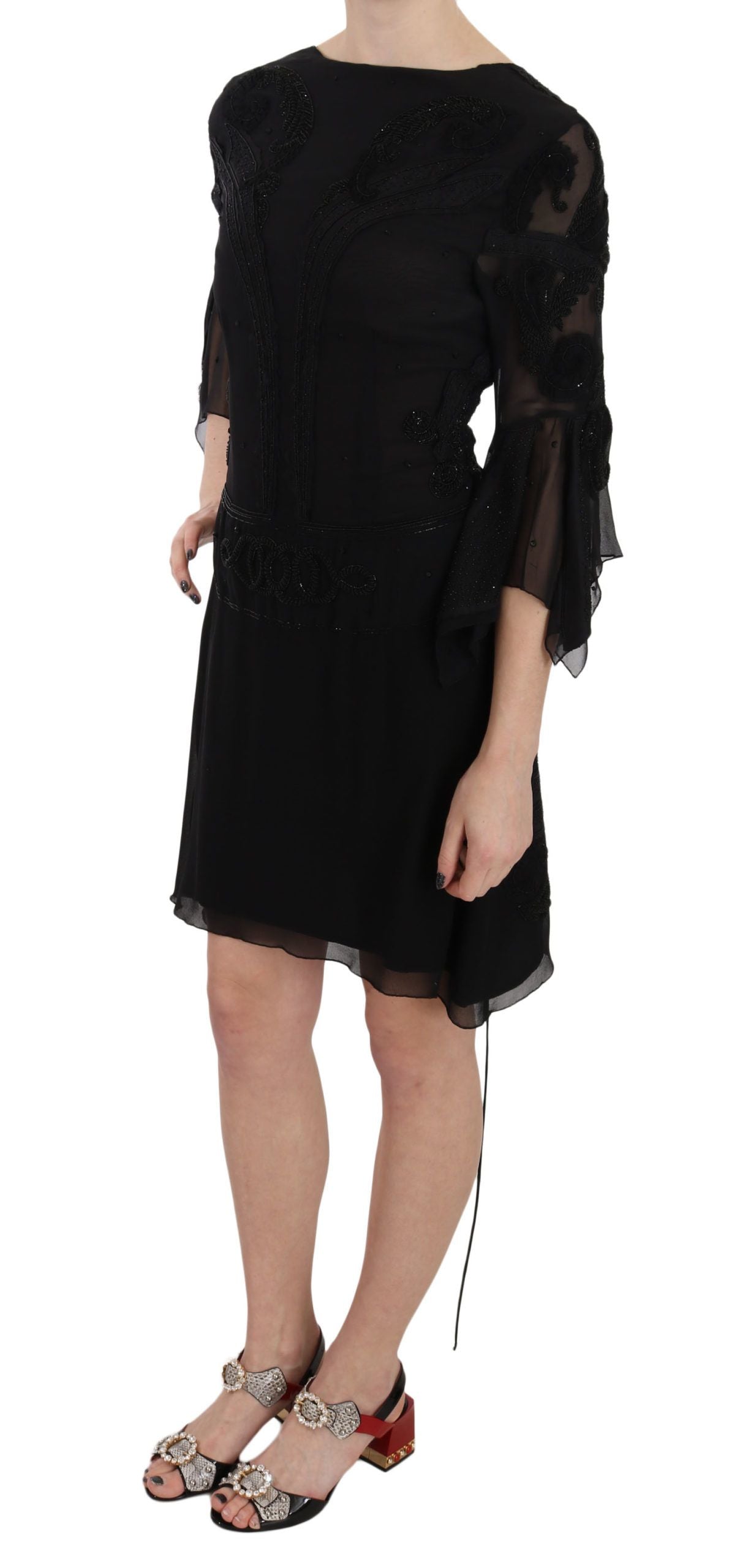Elegant Black Sequined Silk Mini Dress - ventzia