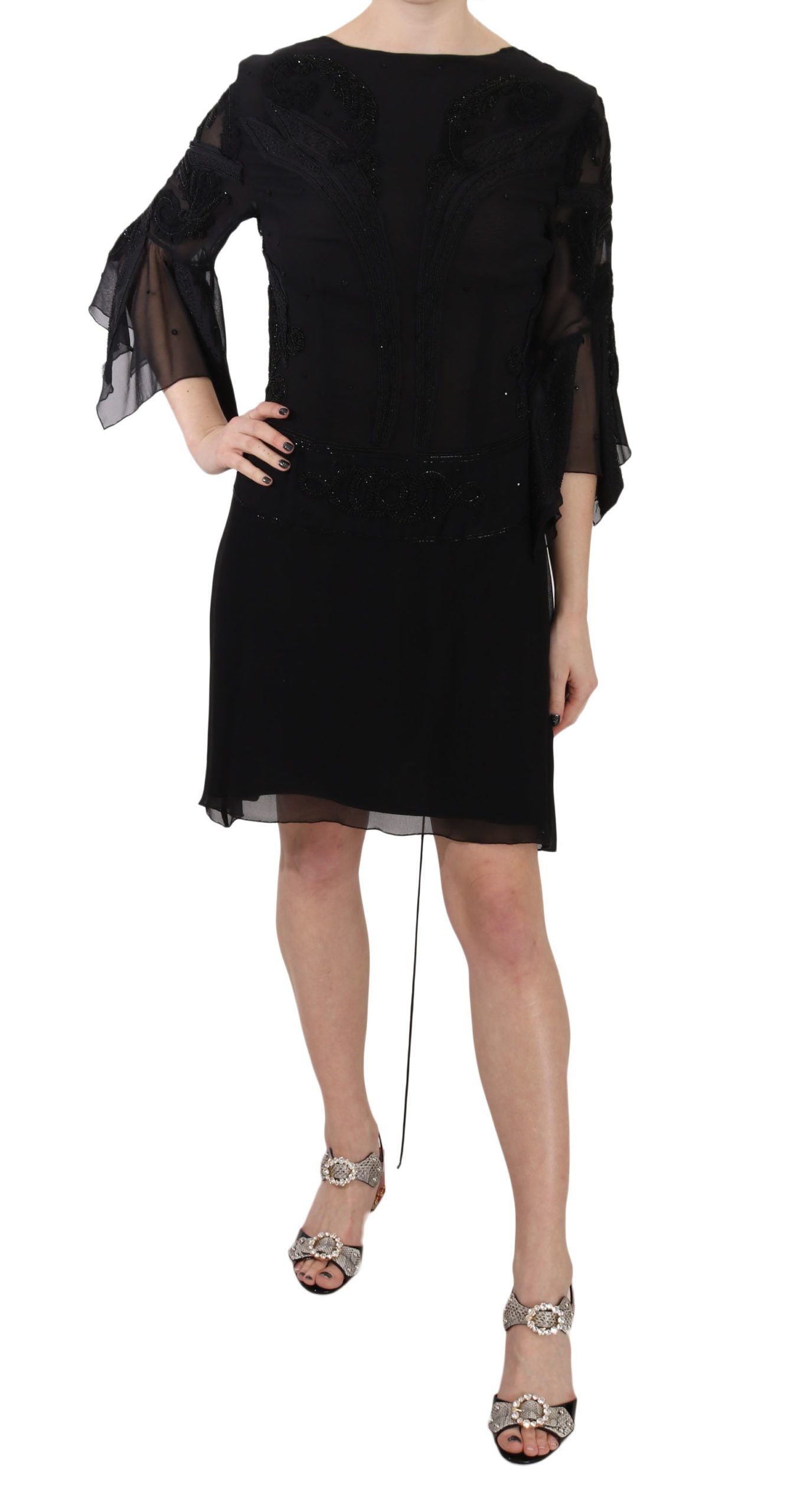 Elegant Black Sequined Silk Mini Dress - ventzia
