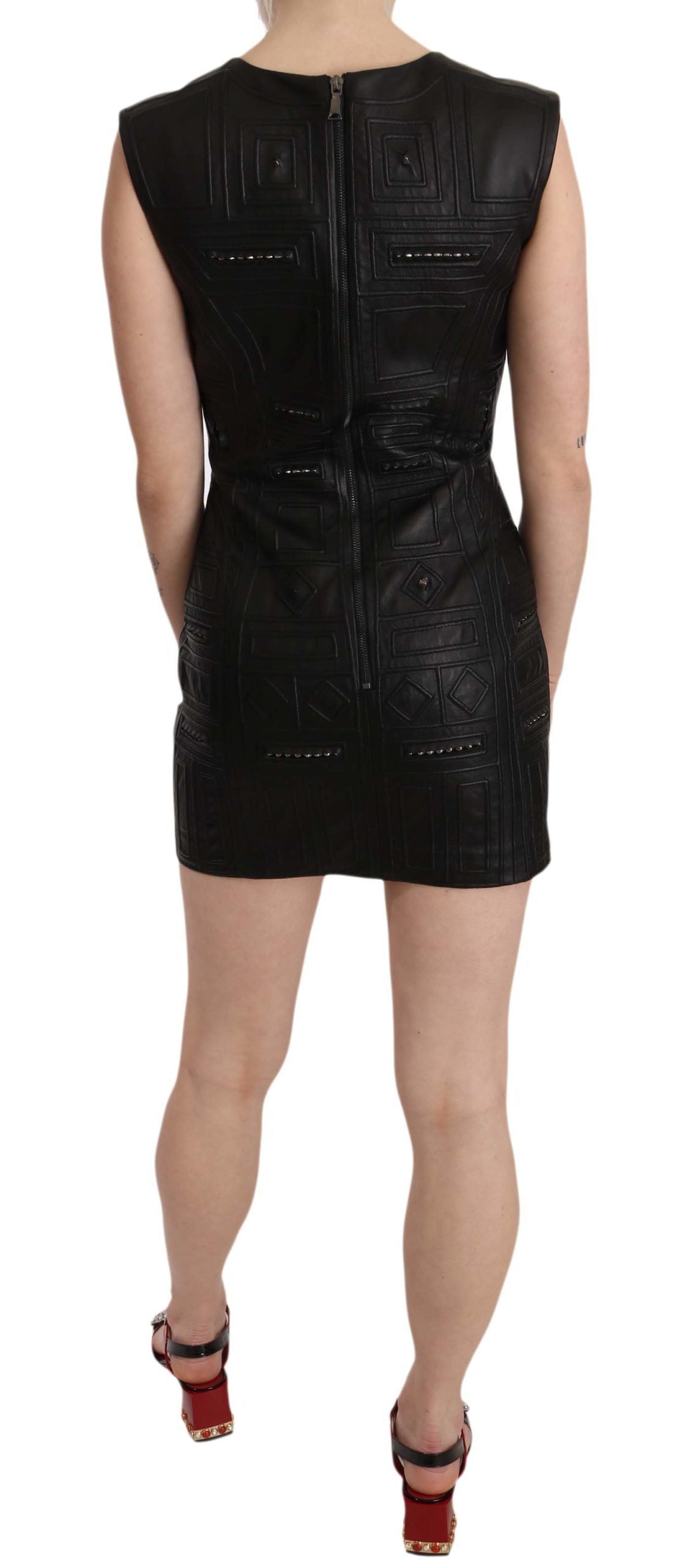 Studded Black Leather Mini Sheath Dress - ventzia