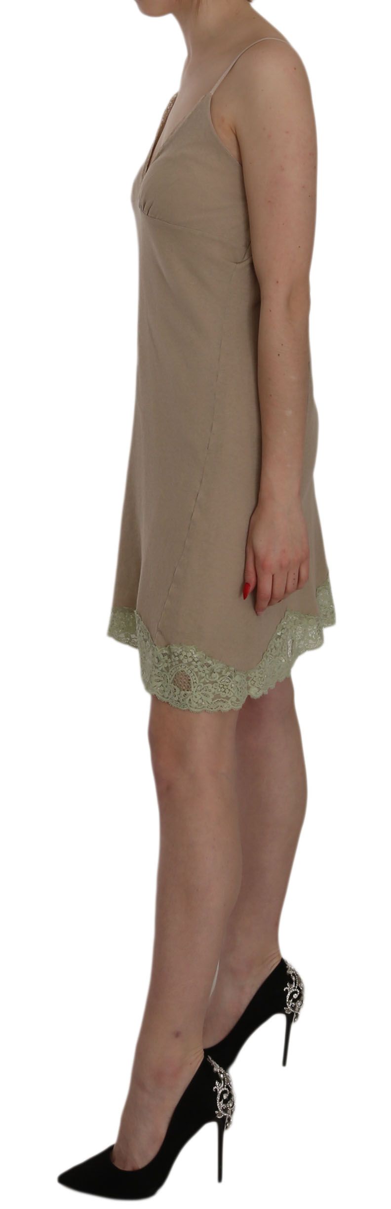 Elegant Beige Lace Spaghetti Strap Mini Dress - ventzia