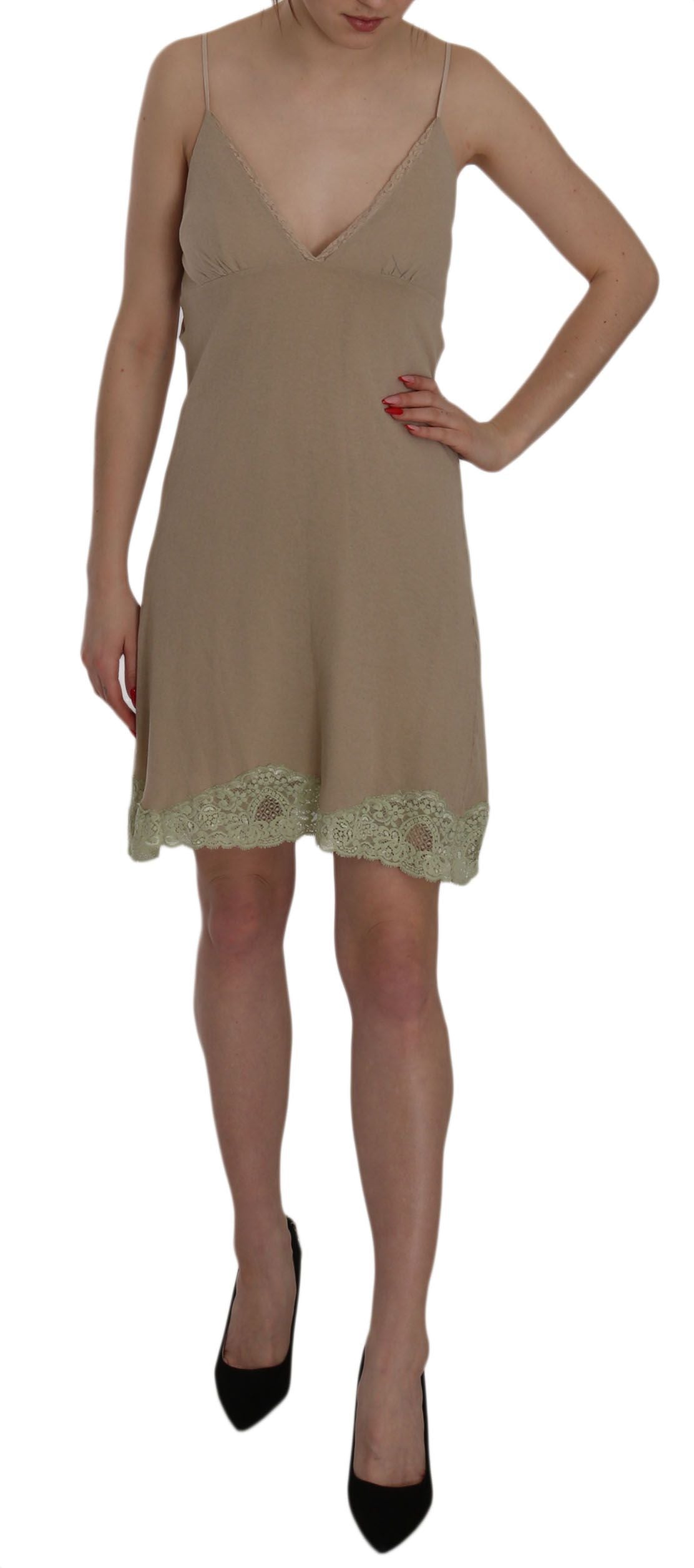 Elegant Beige Lace Spaghetti Strap Mini Dress - ventzia