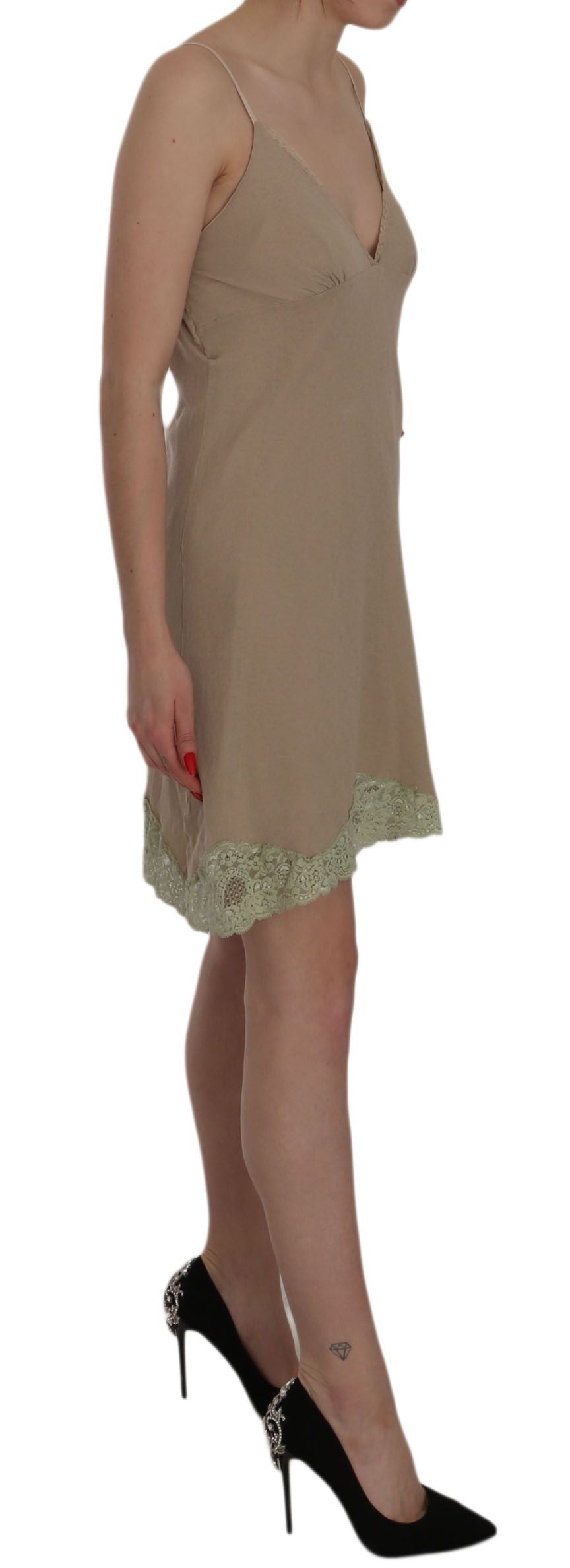 Elegant Beige Lace Spaghetti Strap Mini Dress - ventzia
