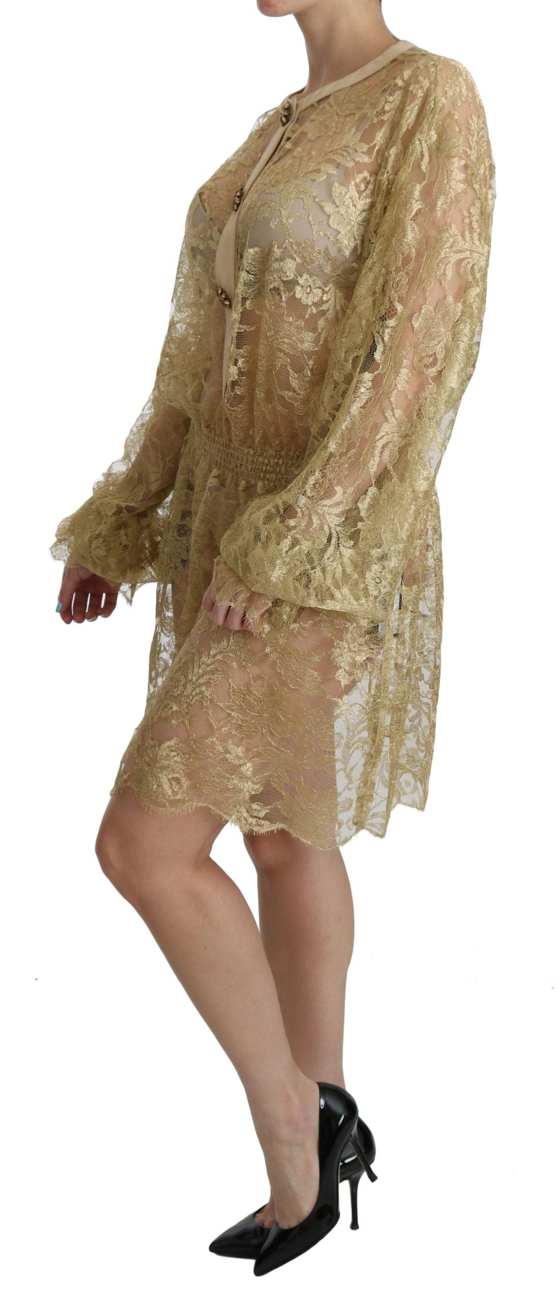 Elegant Gold Lace A-Line Knee Length Dress - ventzia