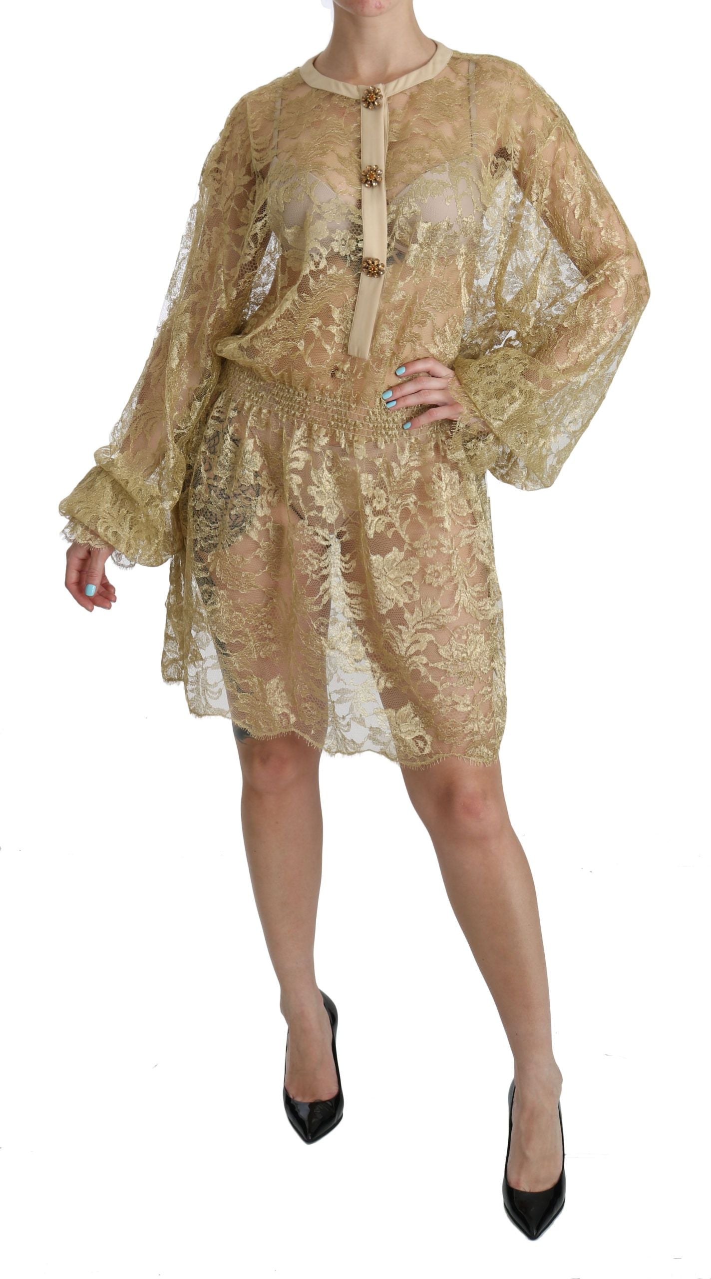Elegant Gold Lace A-Line Knee Length Dress - ventzia