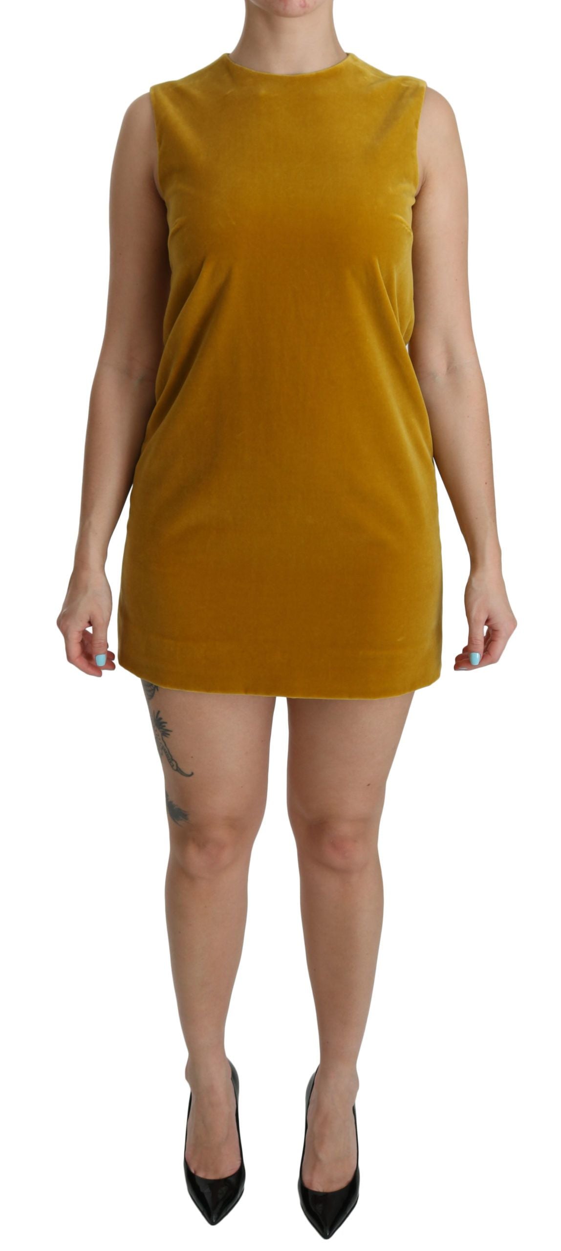 Mustard Velvet Shift Mini Dress - ventzia