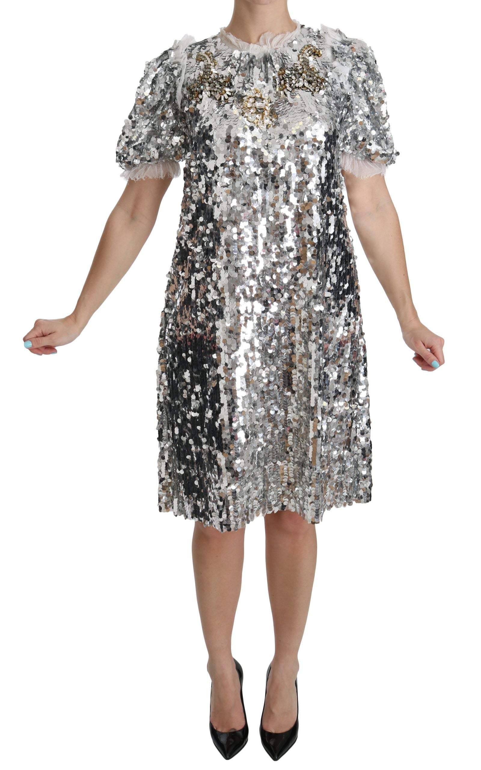 Elegant Silver A-Line Dress with Crystal Accents - ventzia