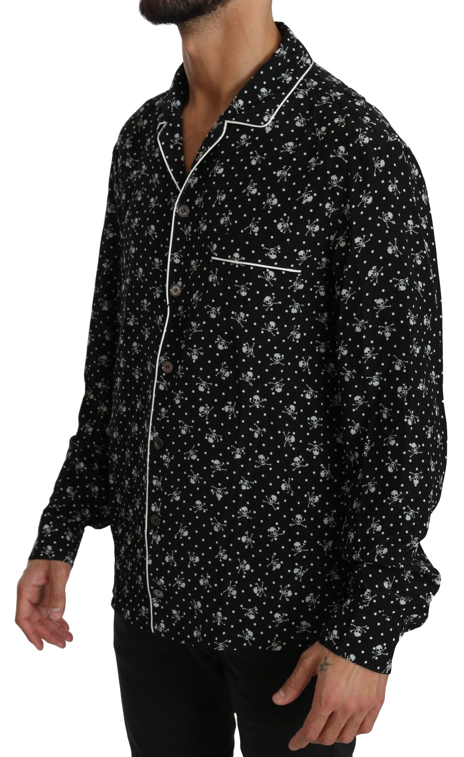Elegant Silk Pajama Shirt with Skull Print - ventzia