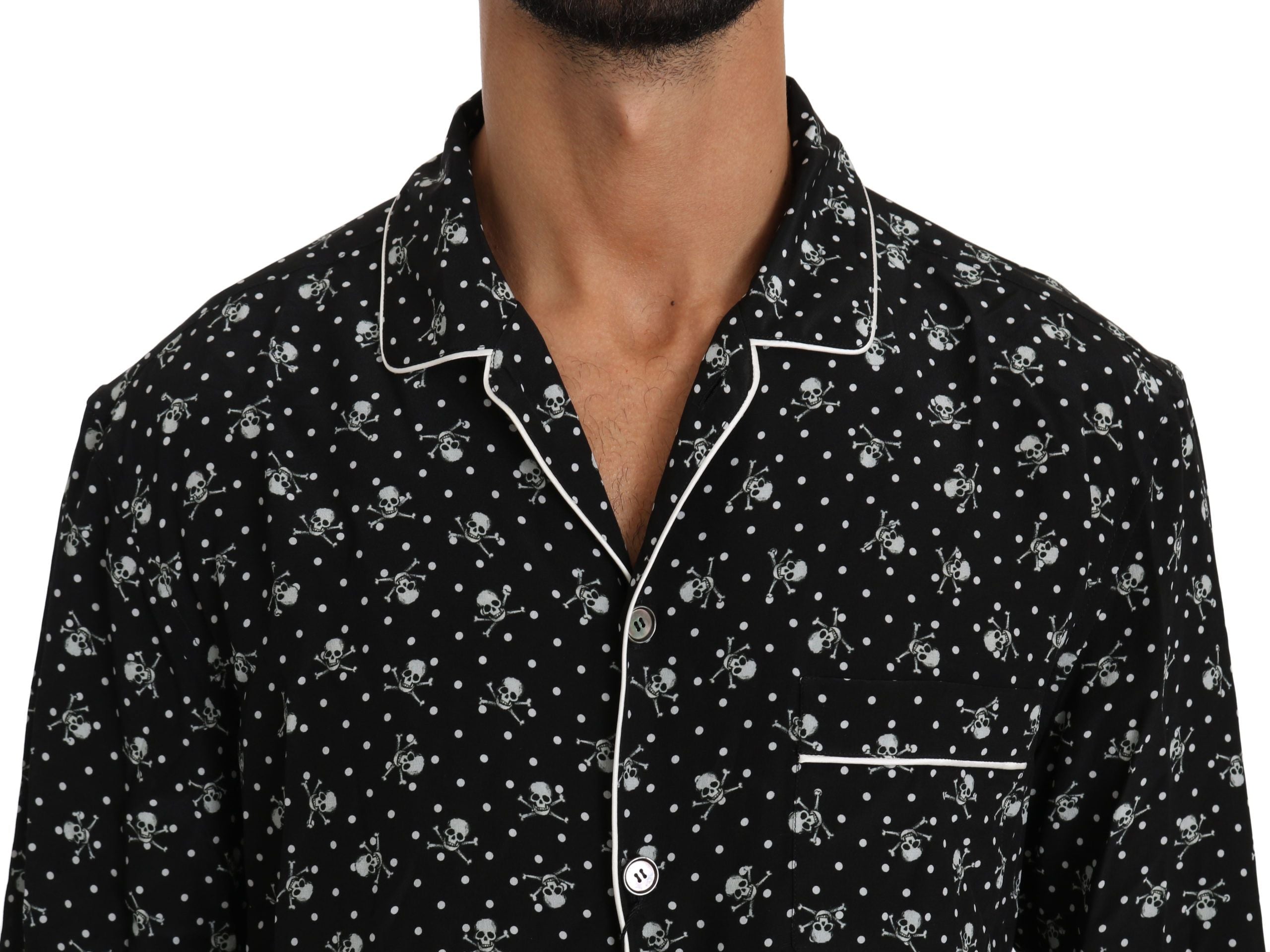 Elegant Silk Pajama Shirt with Skull Print - ventzia