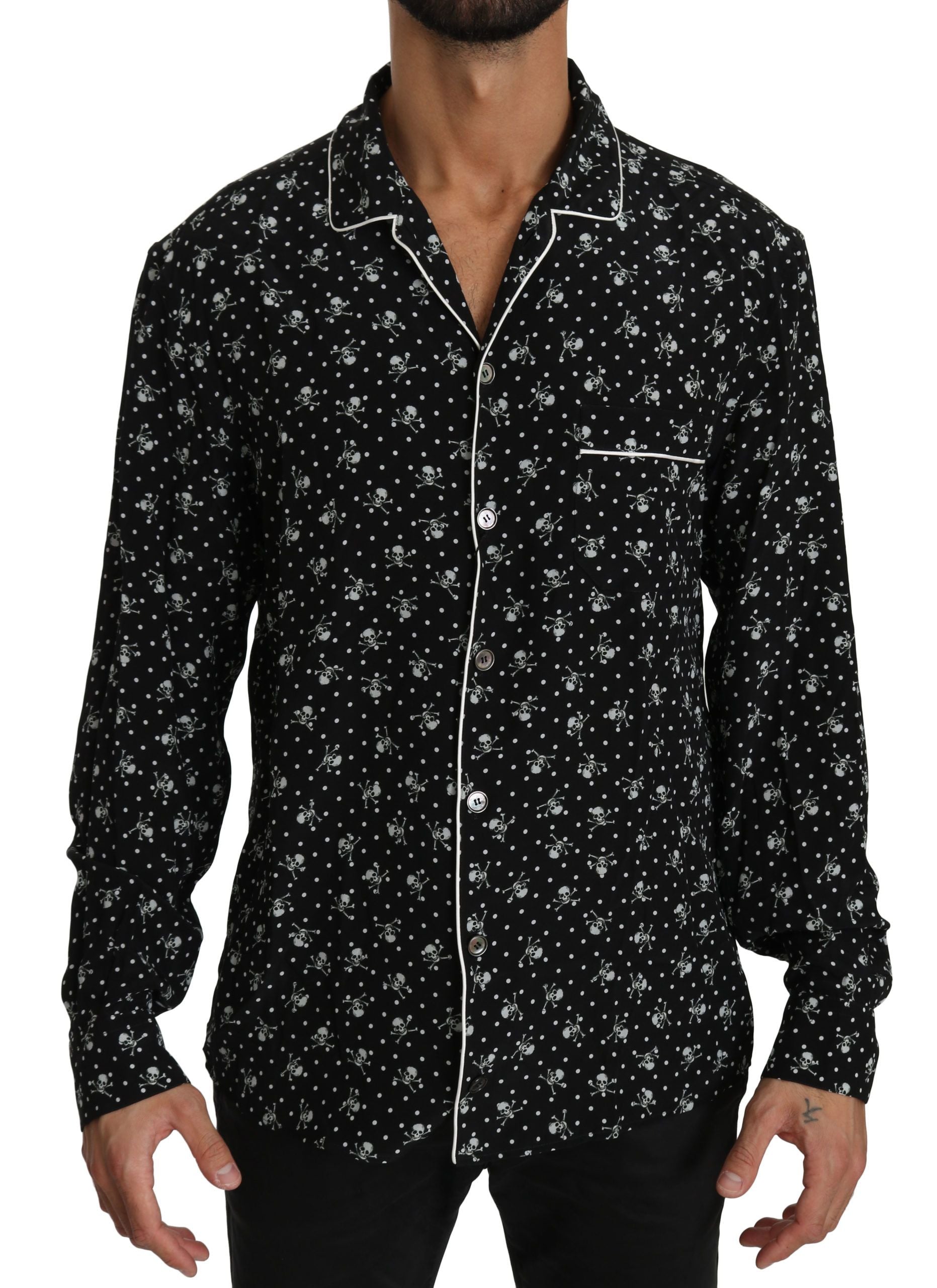 Elegant Silk Pajama Shirt with Skull Print - ventzia