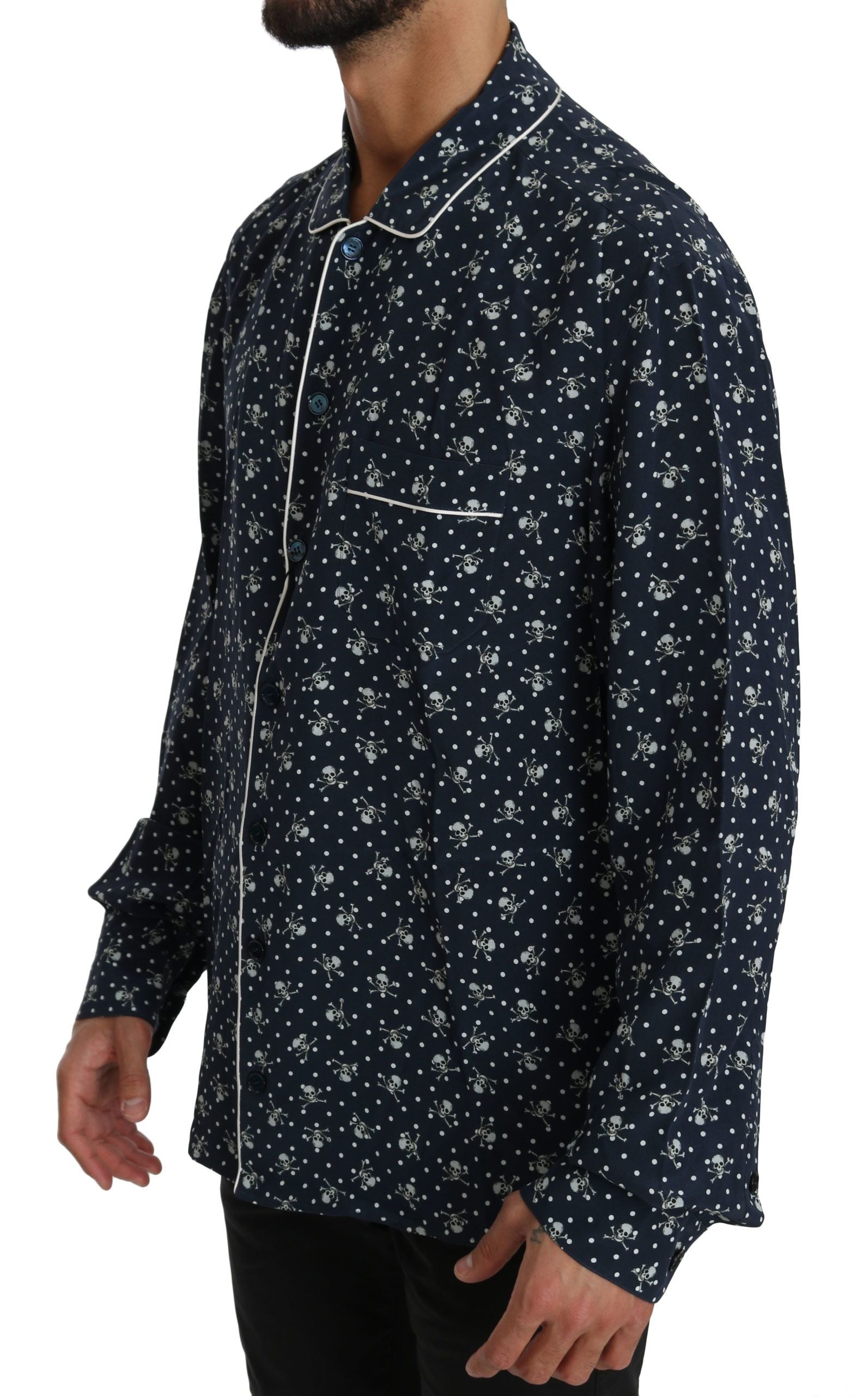 Silken Elegance: Blue Skull Print Lounge Shirt - ventzia