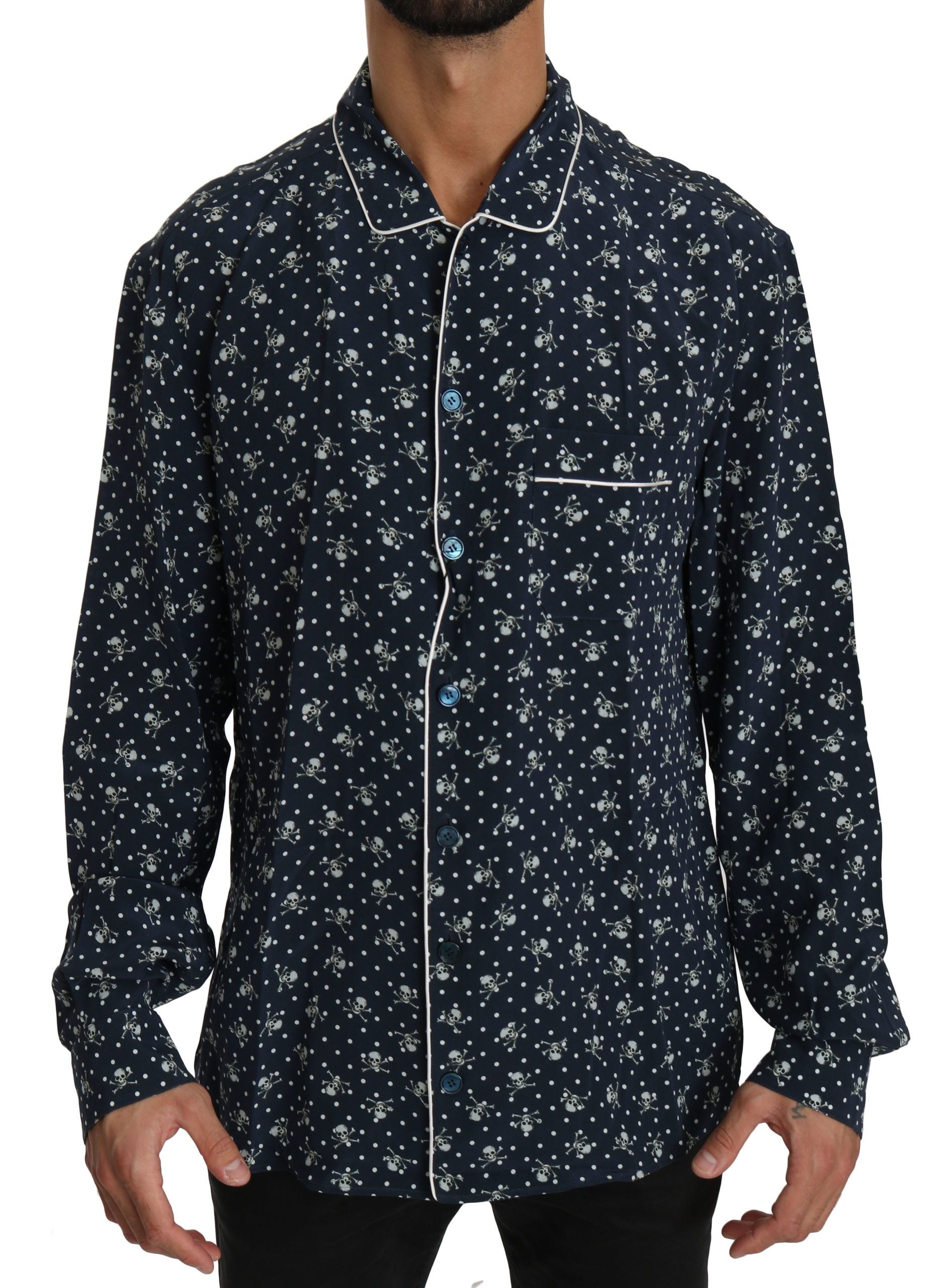 Silken Elegance: Blue Skull Print Lounge Shirt - ventzia