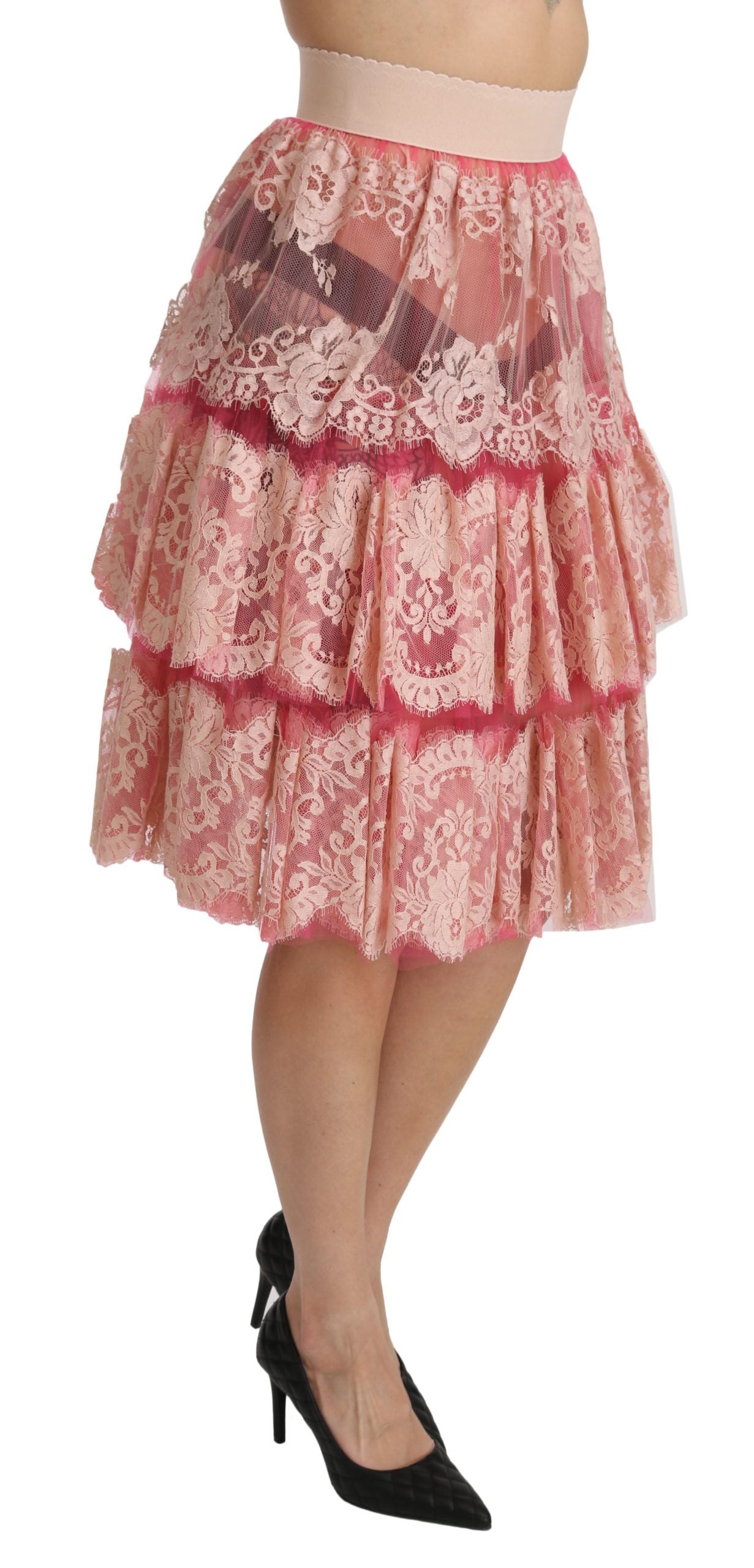 Elegant Pink Lace High-Waist Skirt - ventzia