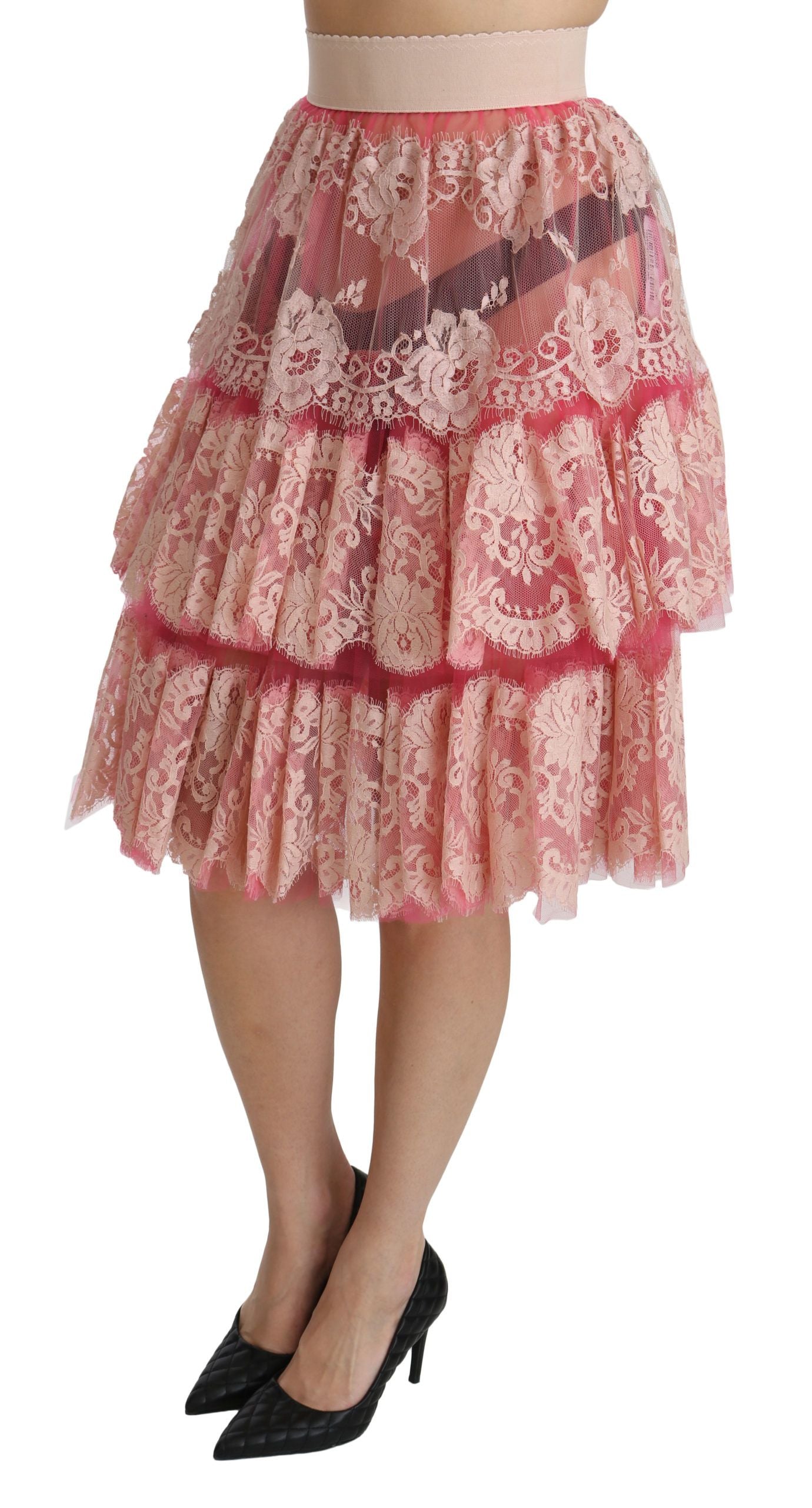 Elegant Pink Lace High-Waist Skirt - ventzia