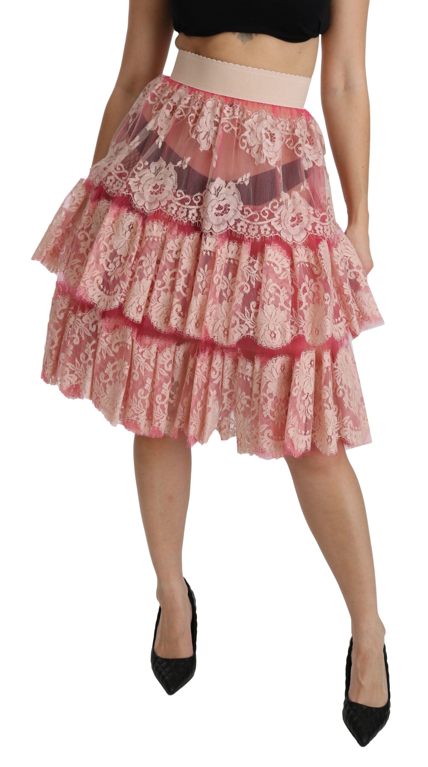 Elegant Pink Lace High-Waist Skirt - ventzia