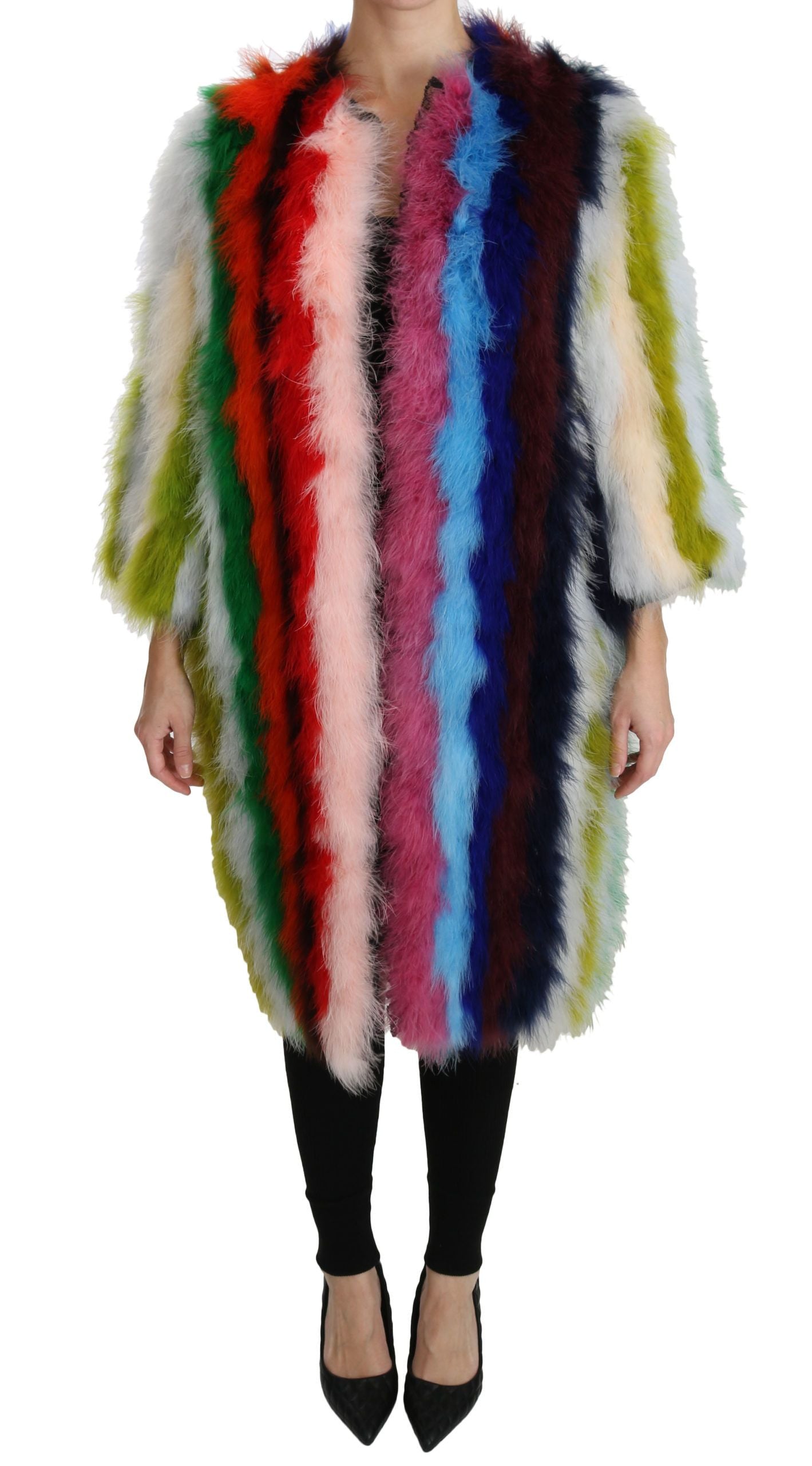 Elegant Multicolor Feather Long Coat Jacket - ventzia