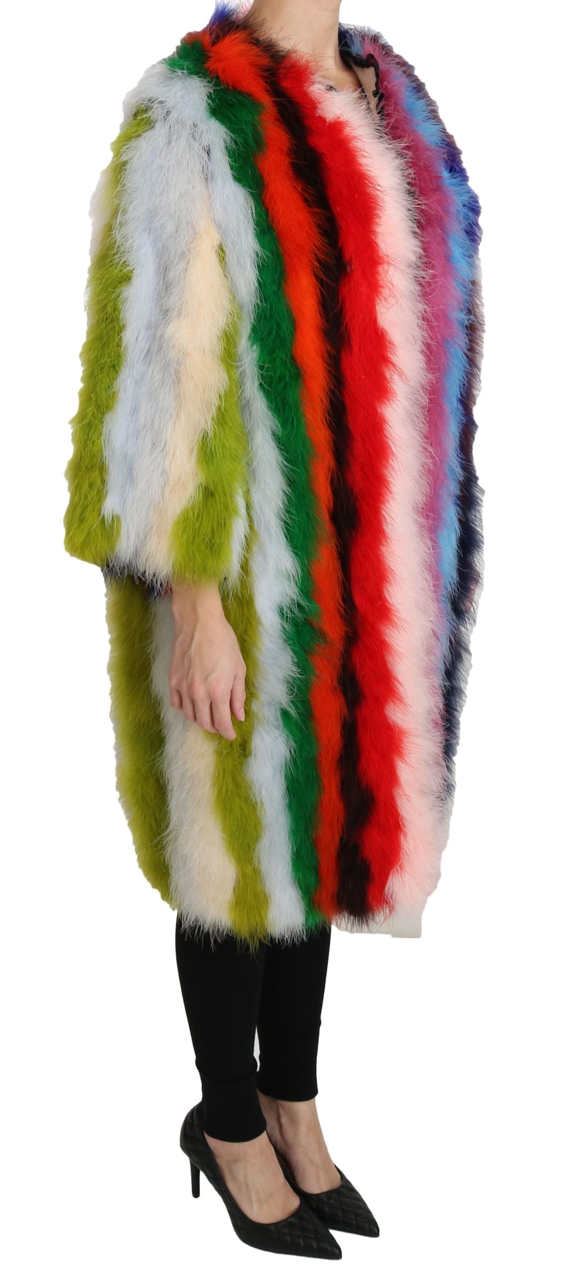 Elegant Multicolor Feather Long Coat Jacket - ventzia