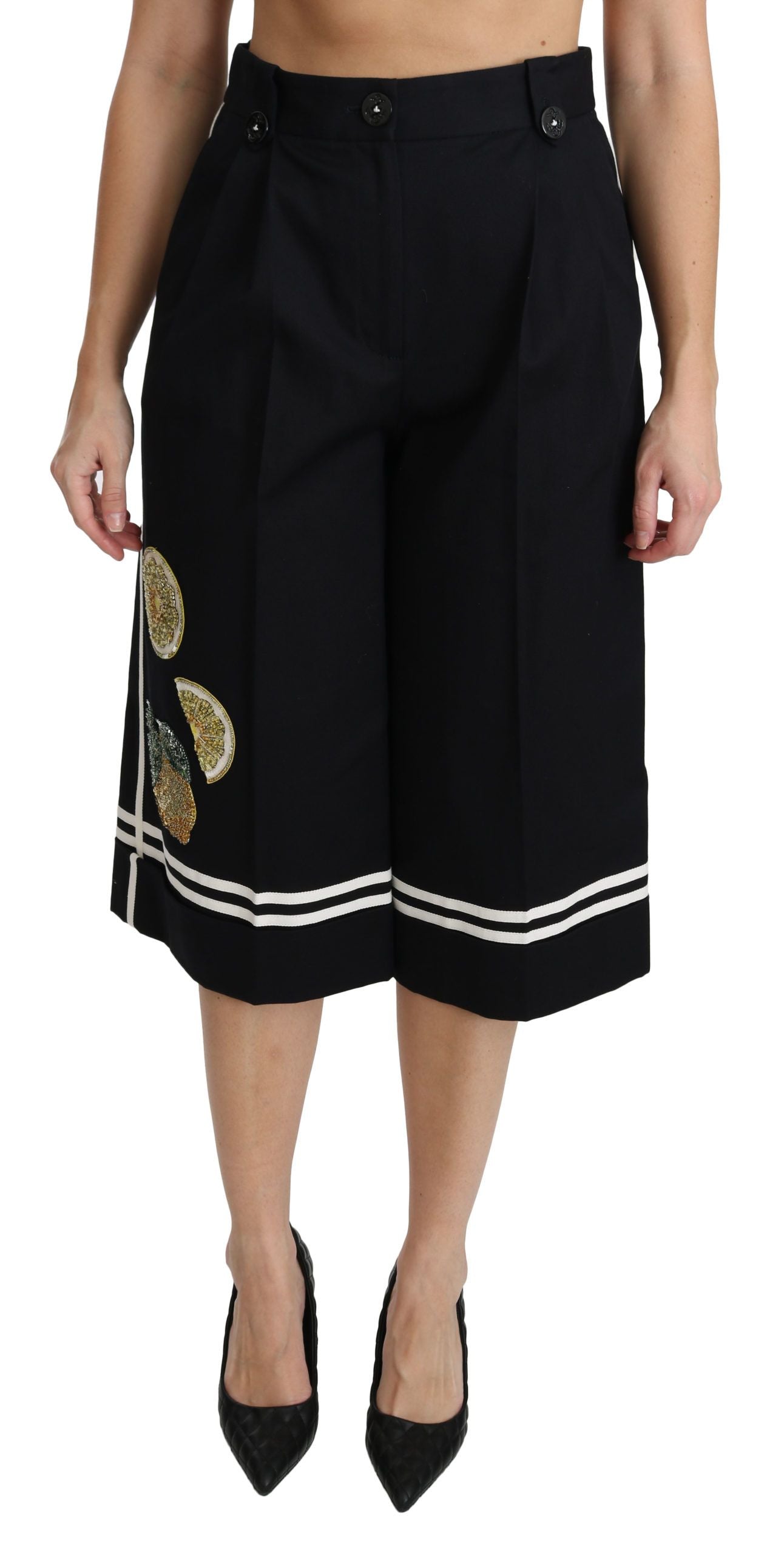 High Waist Palazzo Cropped Pants in Black Lemon - ventzia