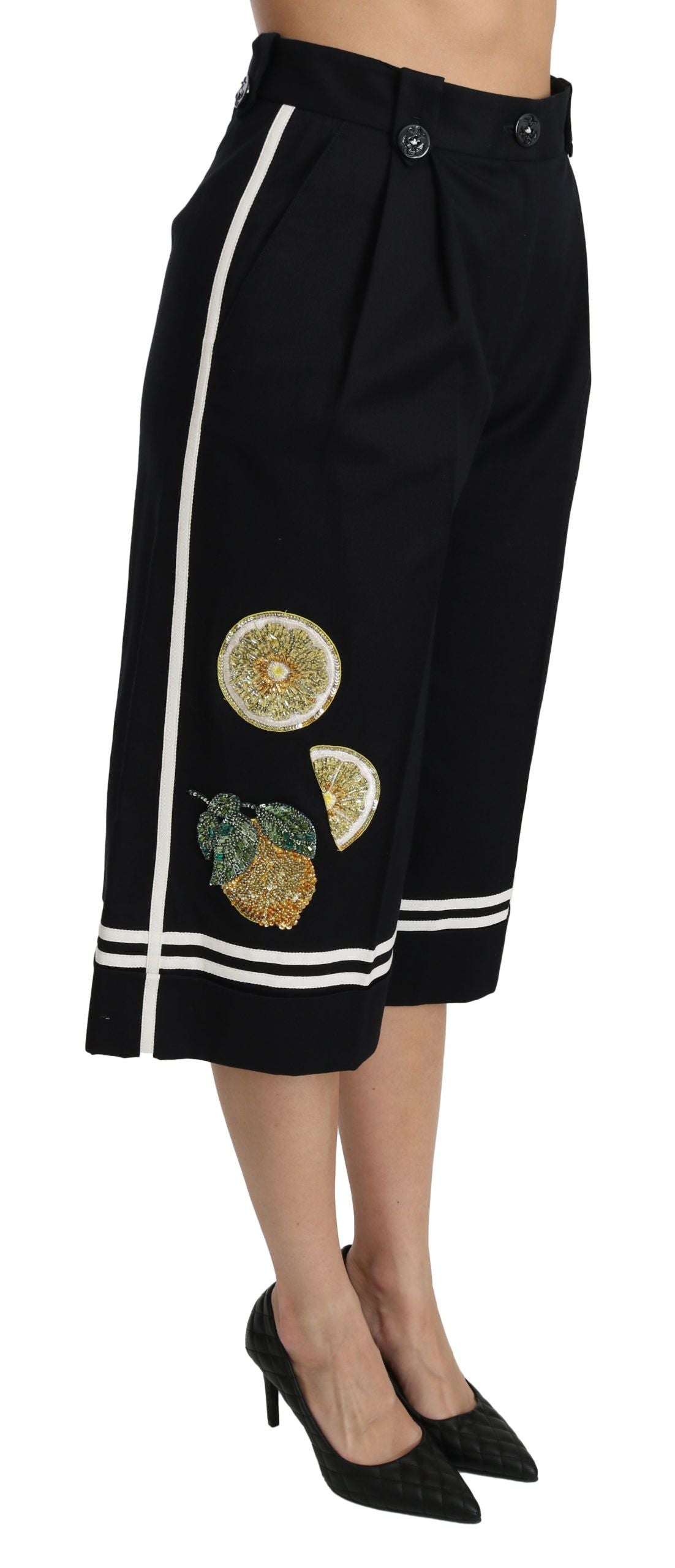 High Waist Palazzo Cropped Pants in Black Lemon - ventzia