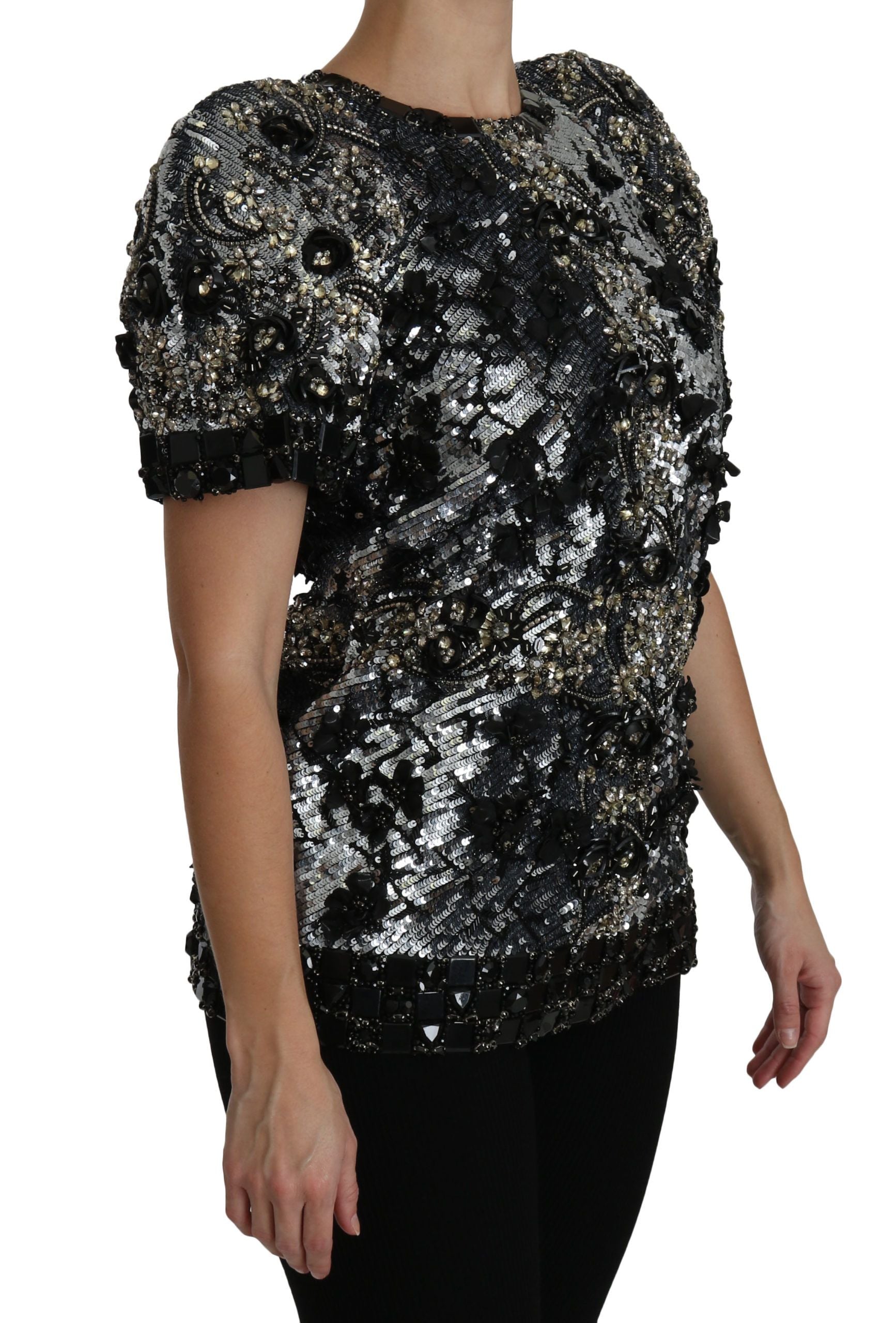 Sequined Crystal Embellished Crew Neck Top - ventzia