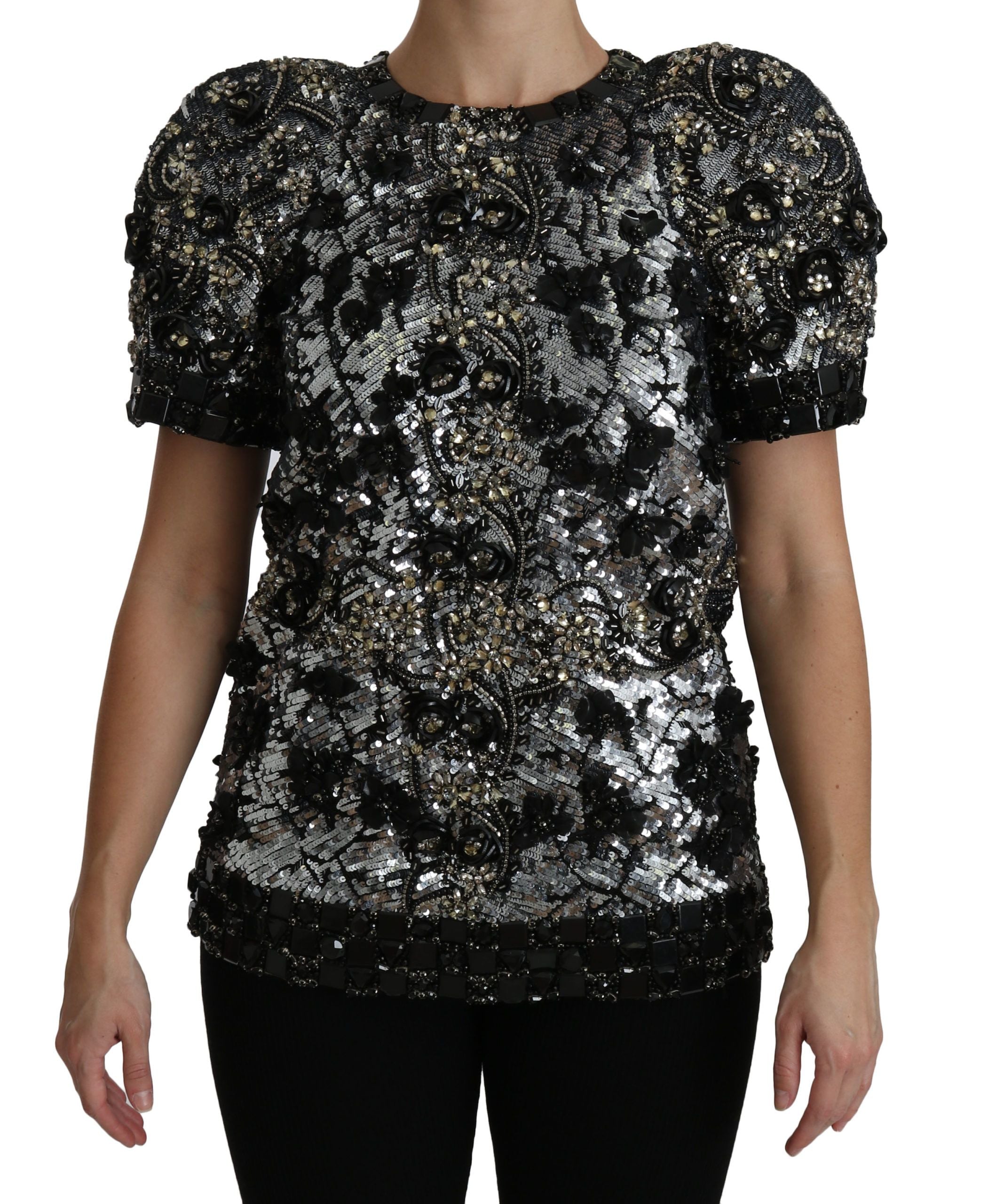 Sequined Crystal Embellished Crew Neck Top - ventzia