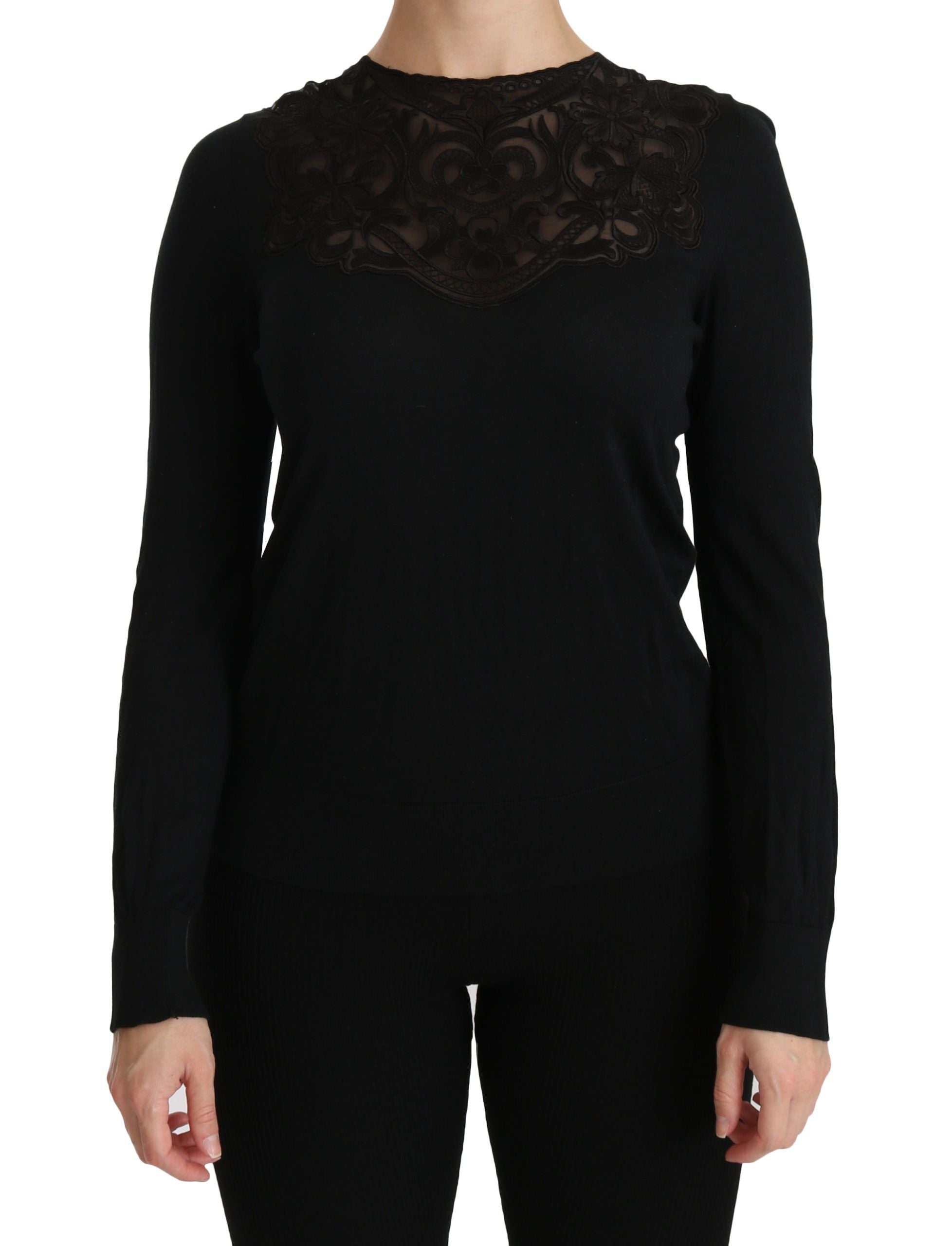 Elegant Silk-Blend Black Lace Blouse - ventzia