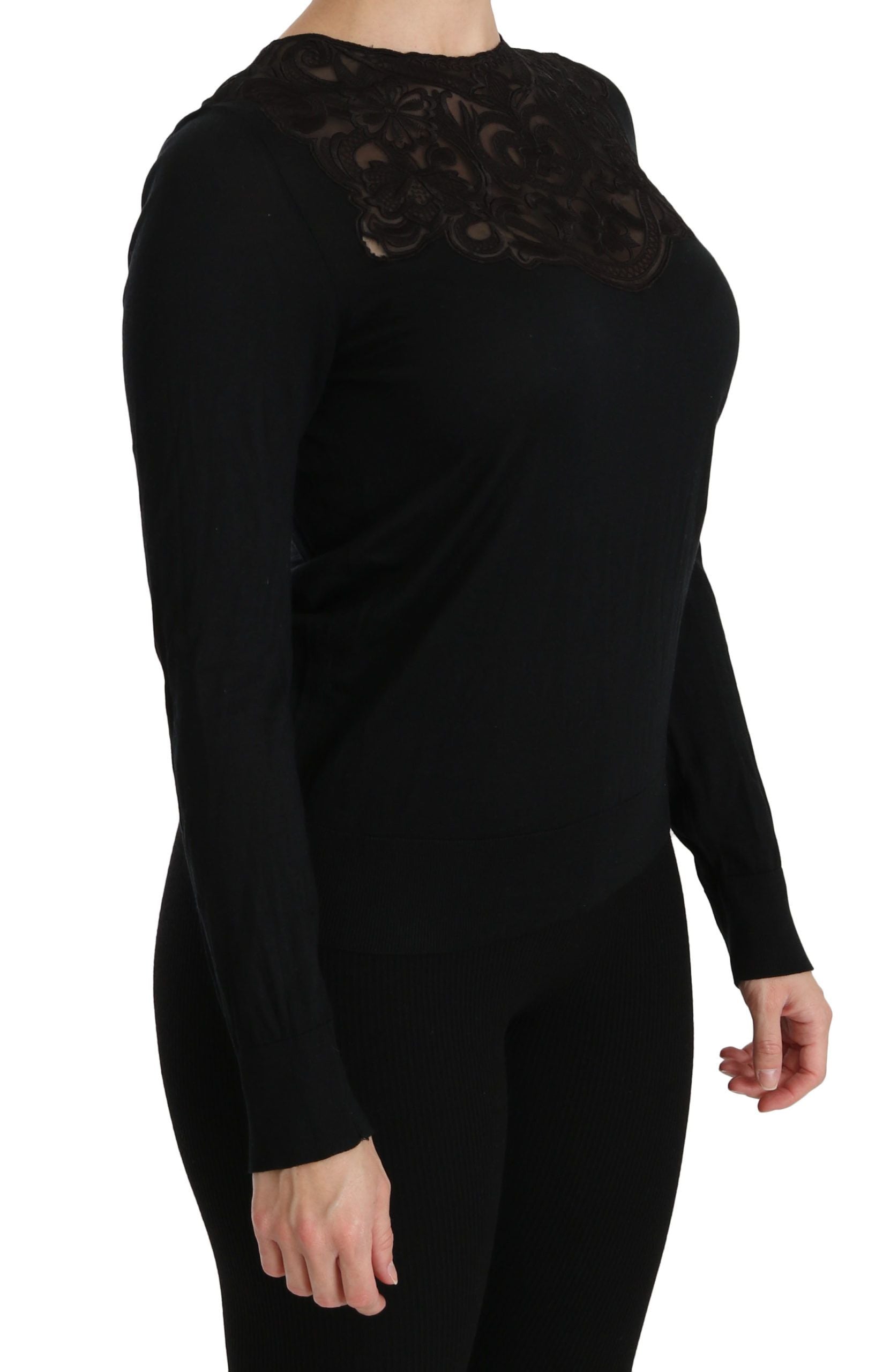 Elegant Silk-Blend Black Lace Blouse - ventzia