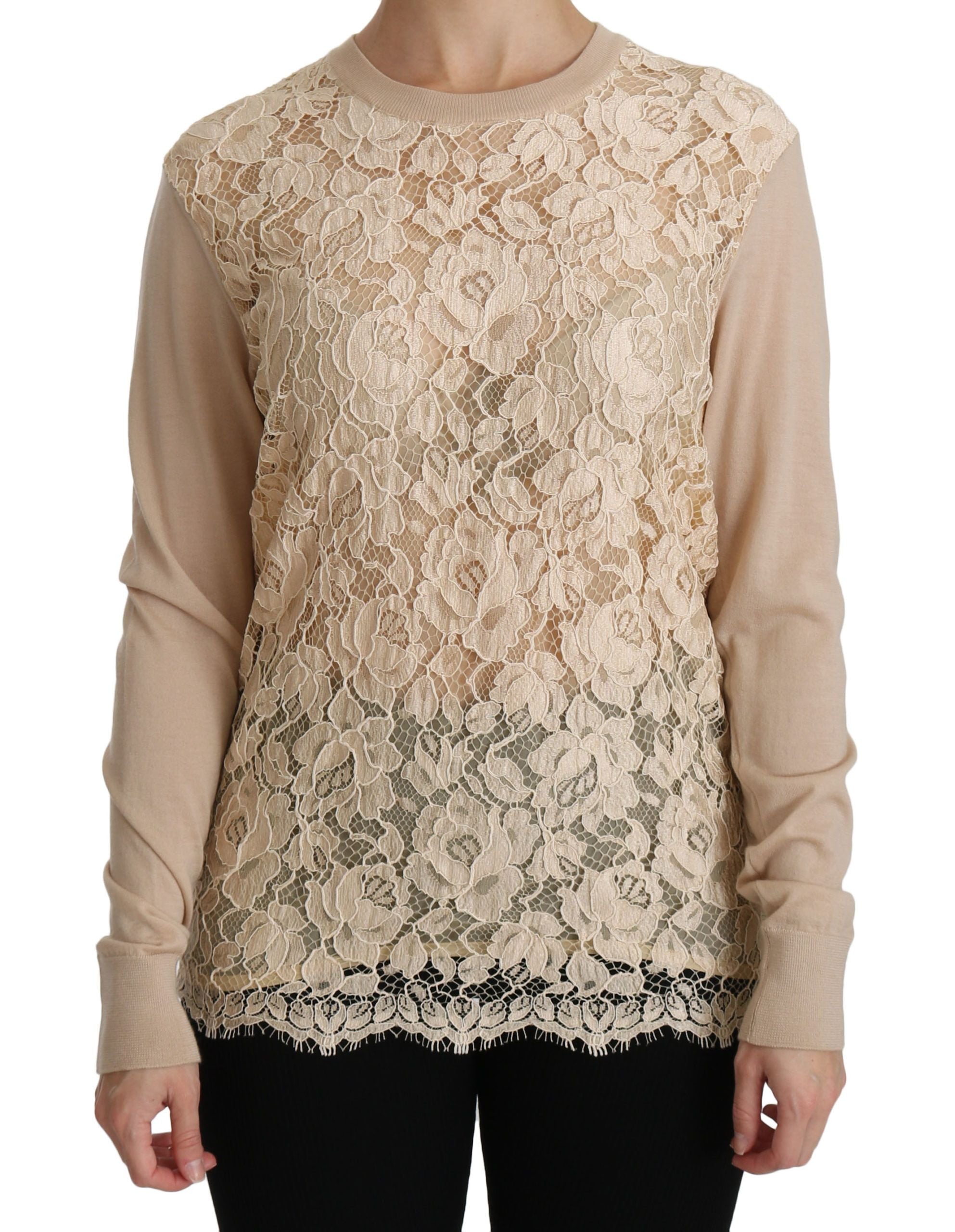 Elegant Beige Lace Crew Neck Cashmere Blouse - ventzia