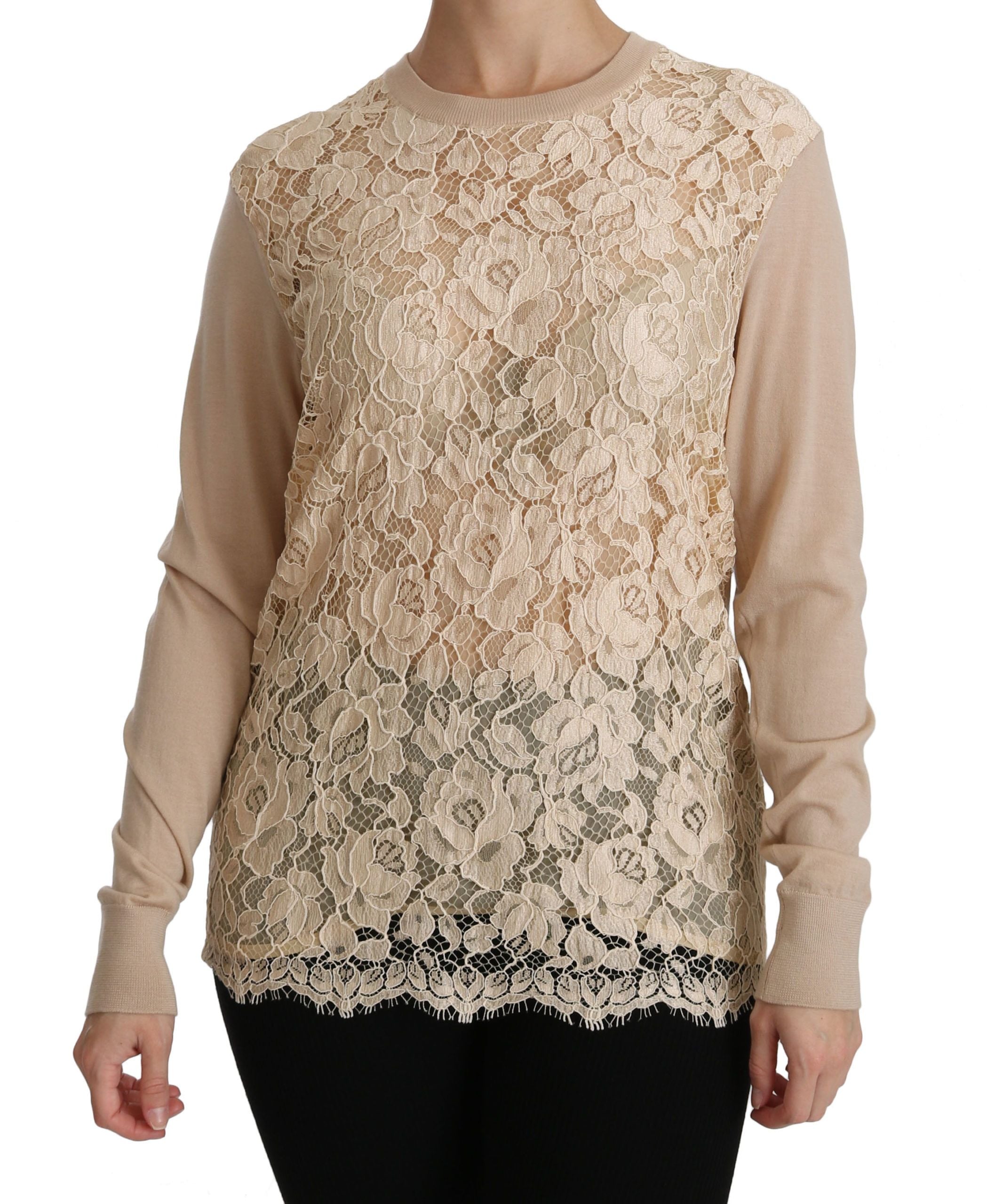 Elegant Beige Lace Crew Neck Cashmere Blouse - ventzia