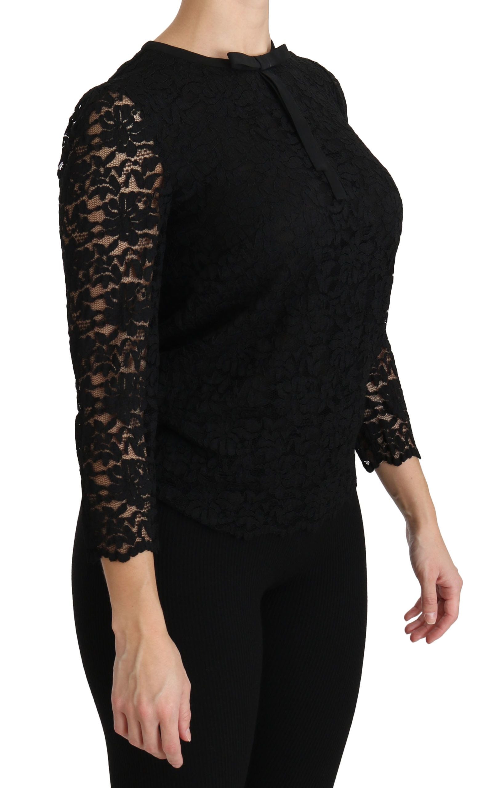 Elegant Black Lace Crew Neck Blouse - ventzia