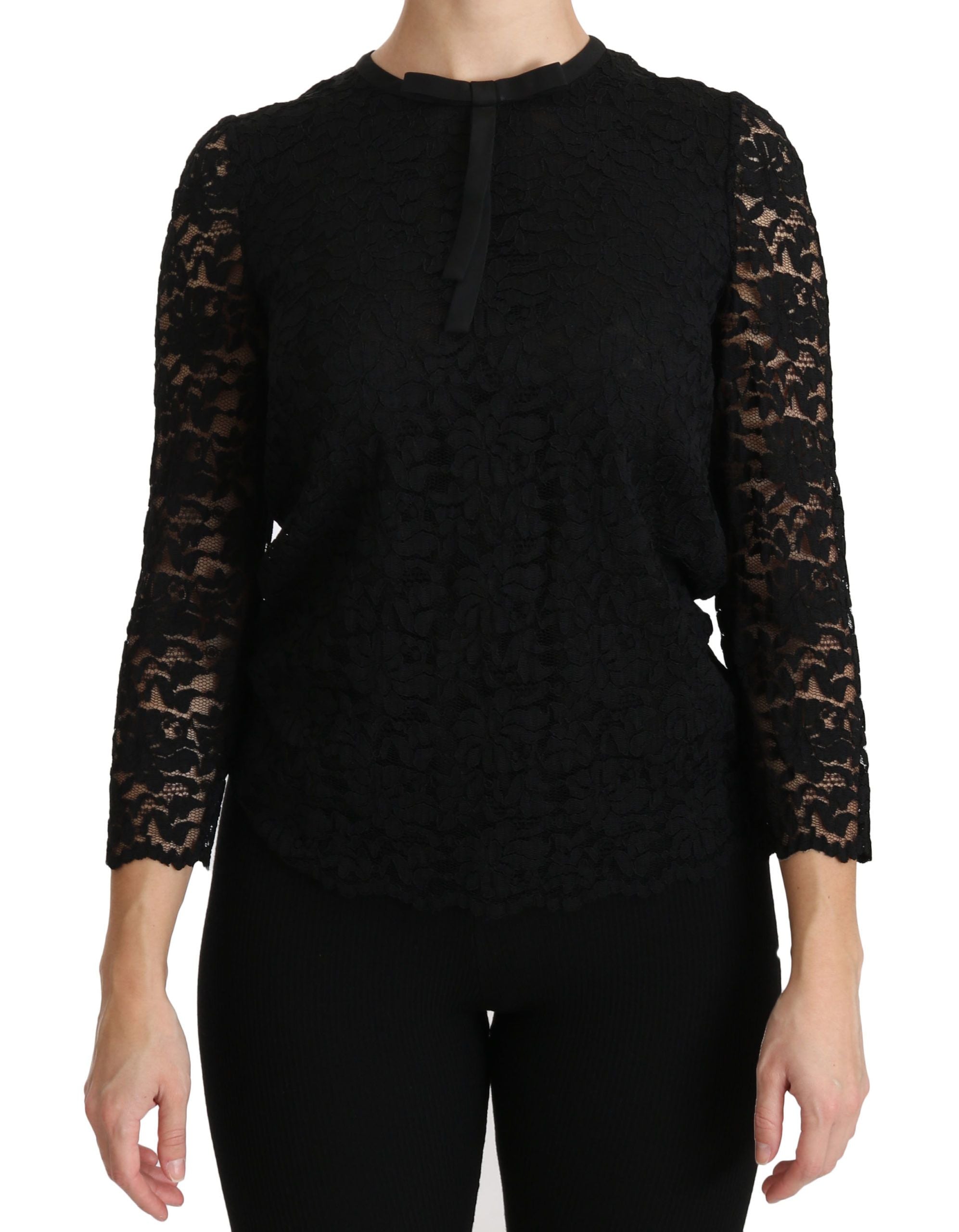 Elegant Black Lace Crew Neck Blouse - ventzia