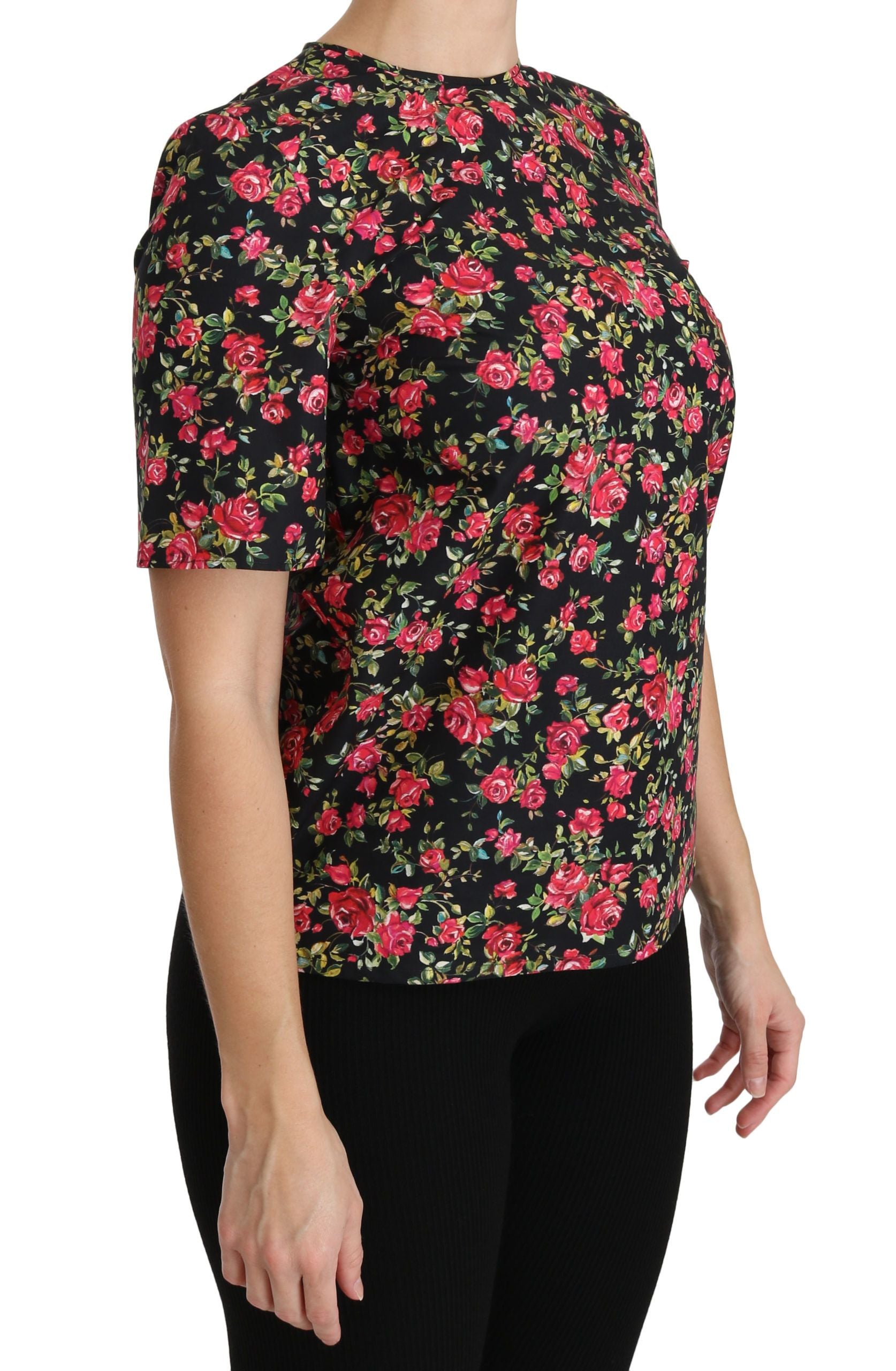 Elegant Black Floral Crew Neck Top - ventzia