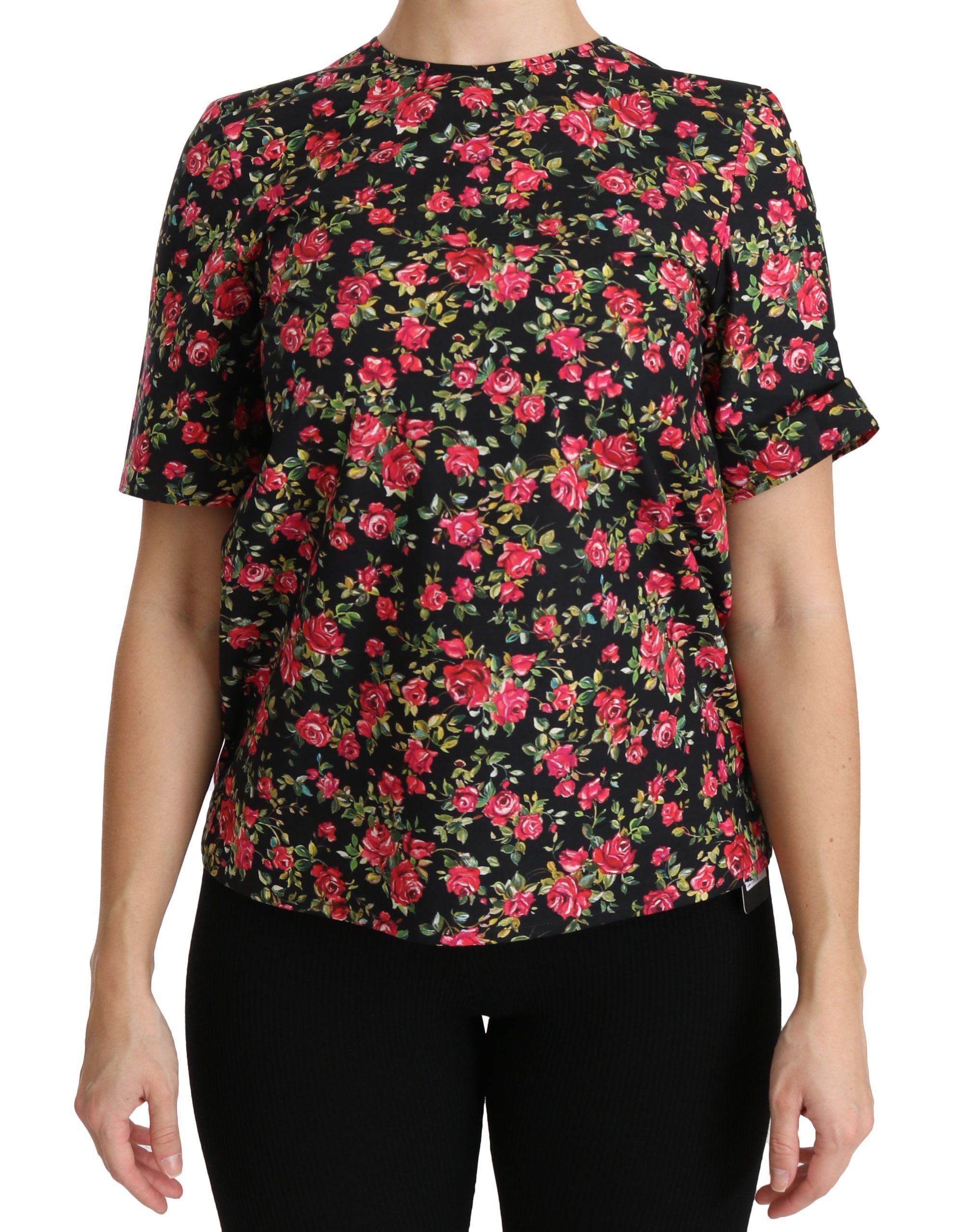 Elegant Black Floral Crew Neck Top - ventzia