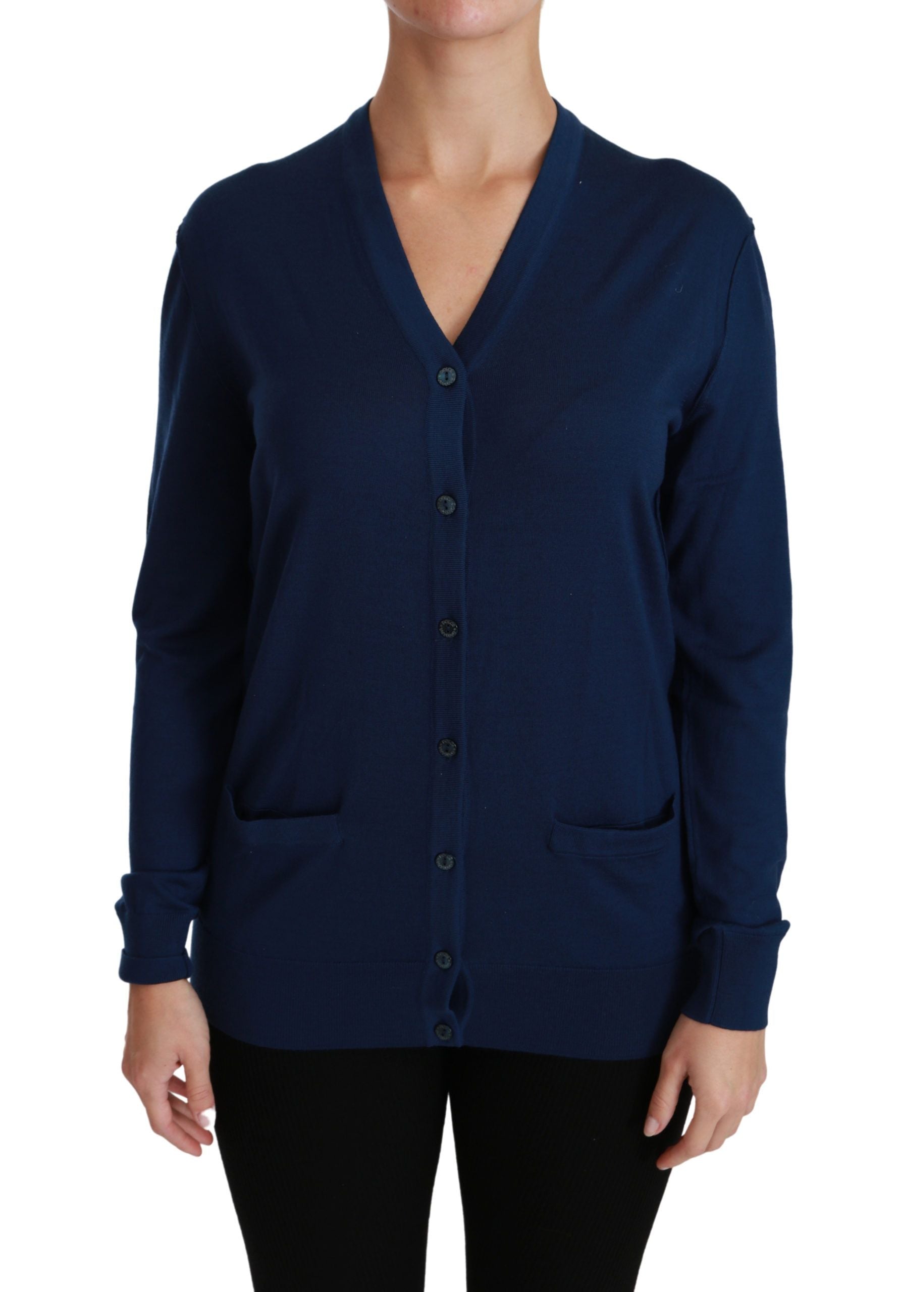 Elegant Blue Virgin Wool Cardigan - ventzia