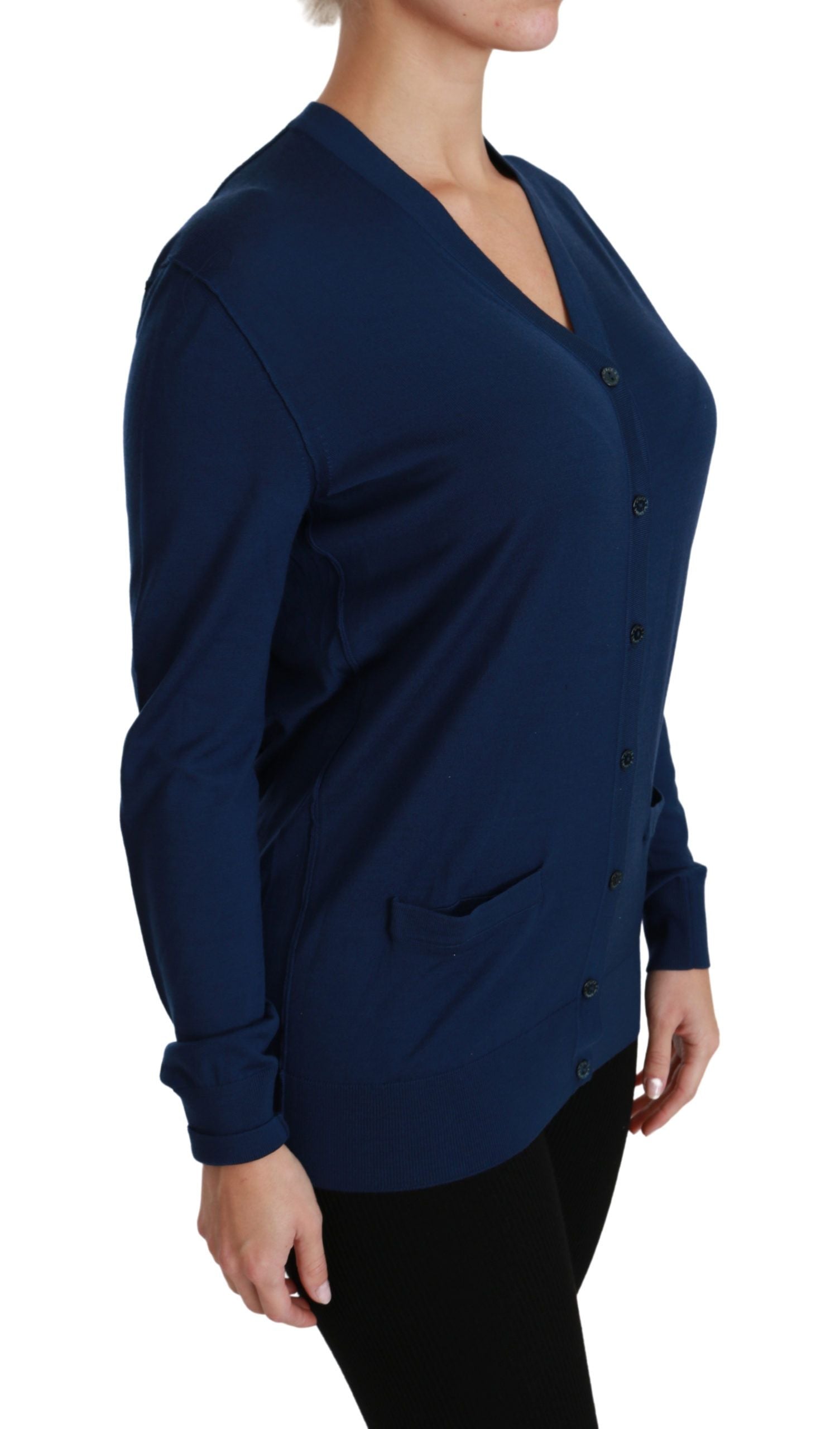 Elegant Blue Virgin Wool Cardigan - ventzia