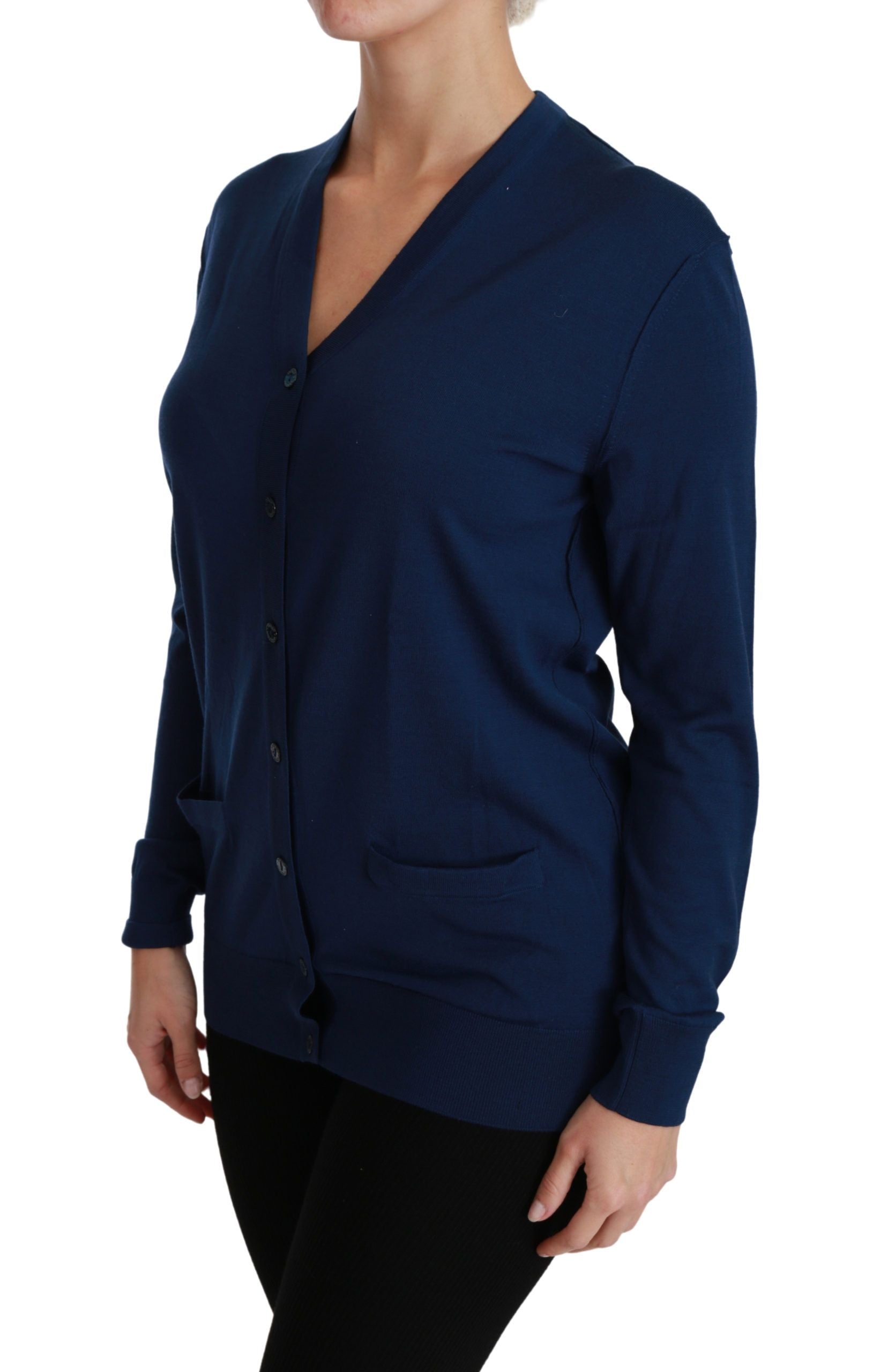 Elegant Blue Virgin Wool Cardigan - ventzia