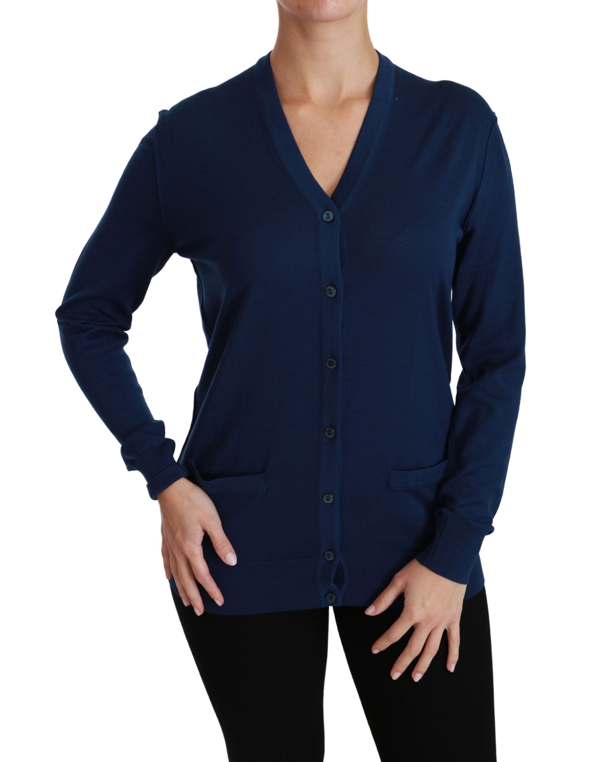 Elegant Blue Virgin Wool Cardigan - ventzia