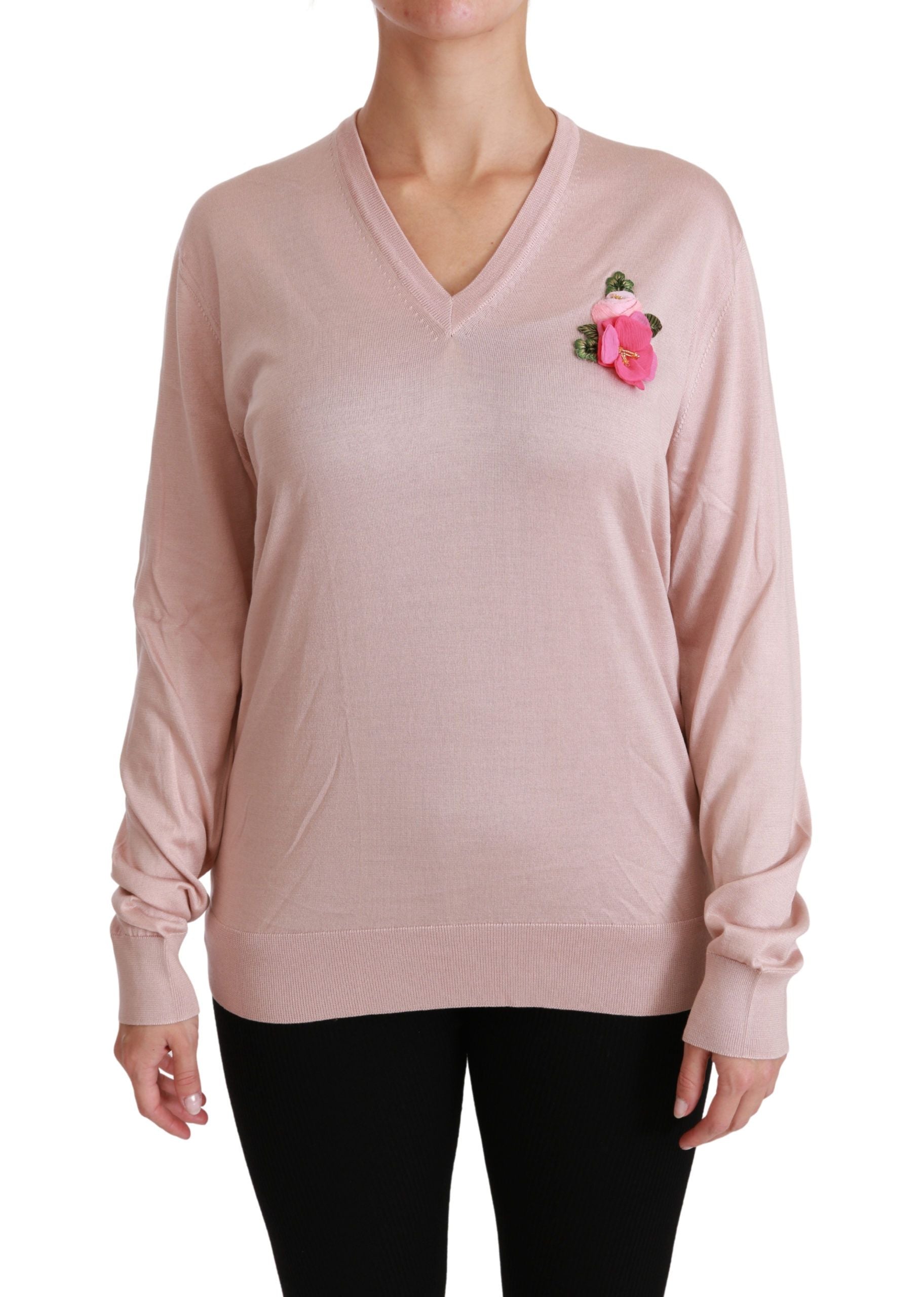 Pink Floral Silk V-Neck Sweater - ventzia