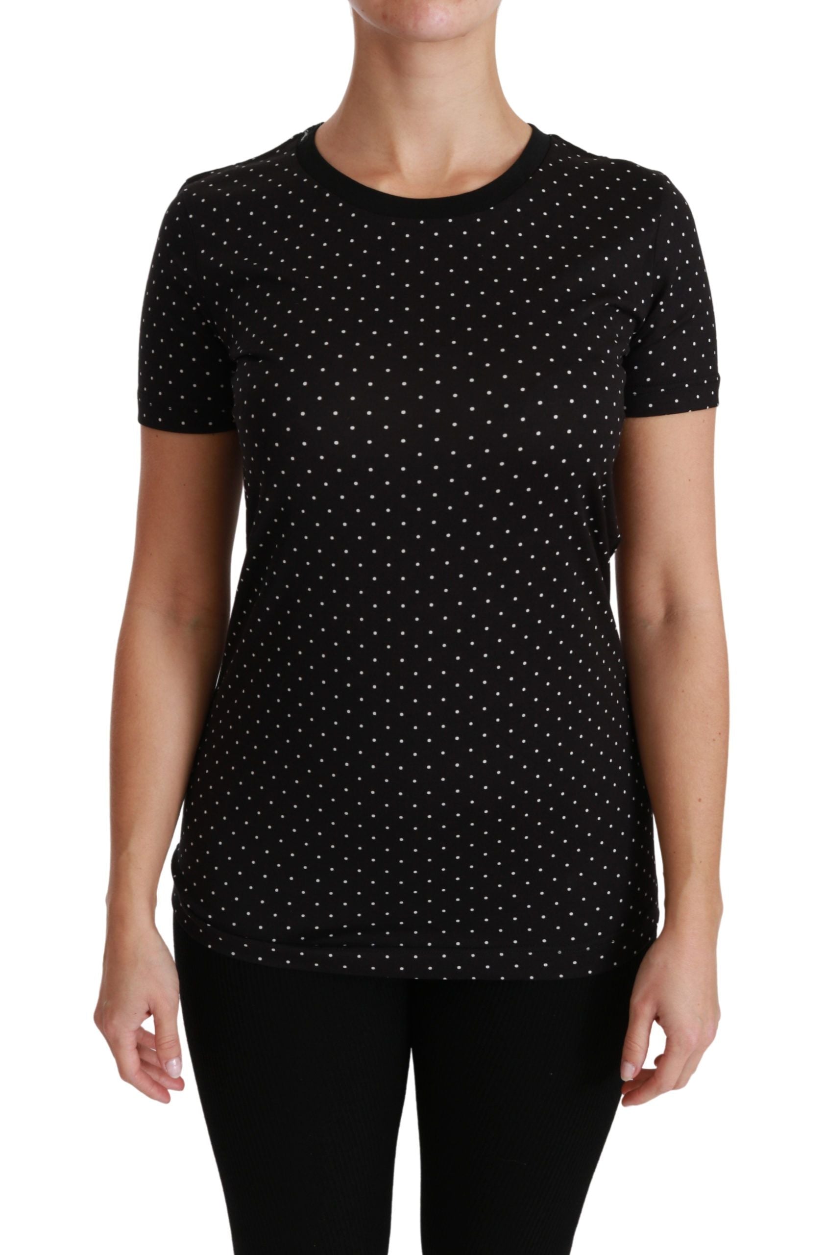 Chic Black Dotted Crewneck Cotton Tee - ventzia