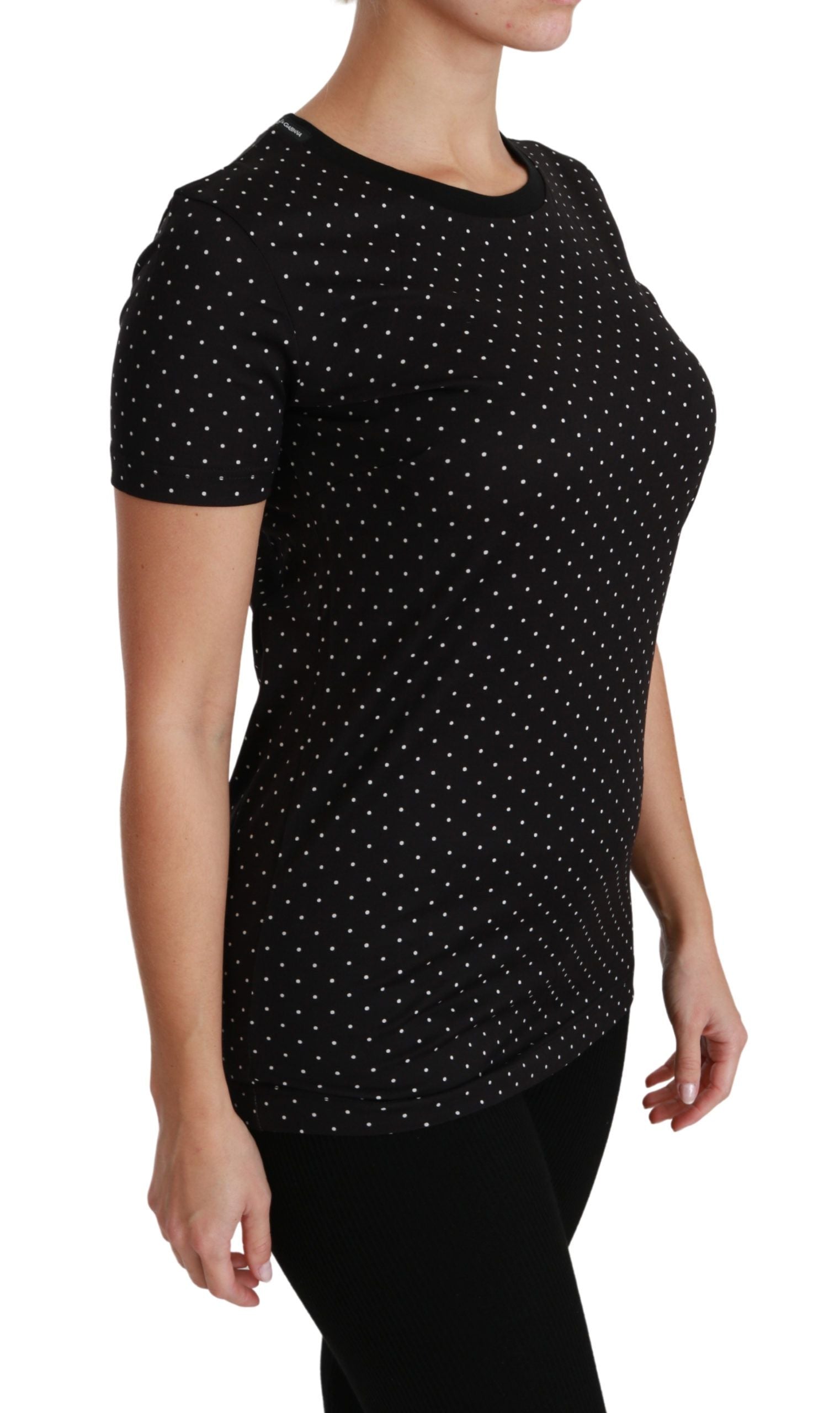 Chic Black Dotted Crewneck Cotton Tee - ventzia