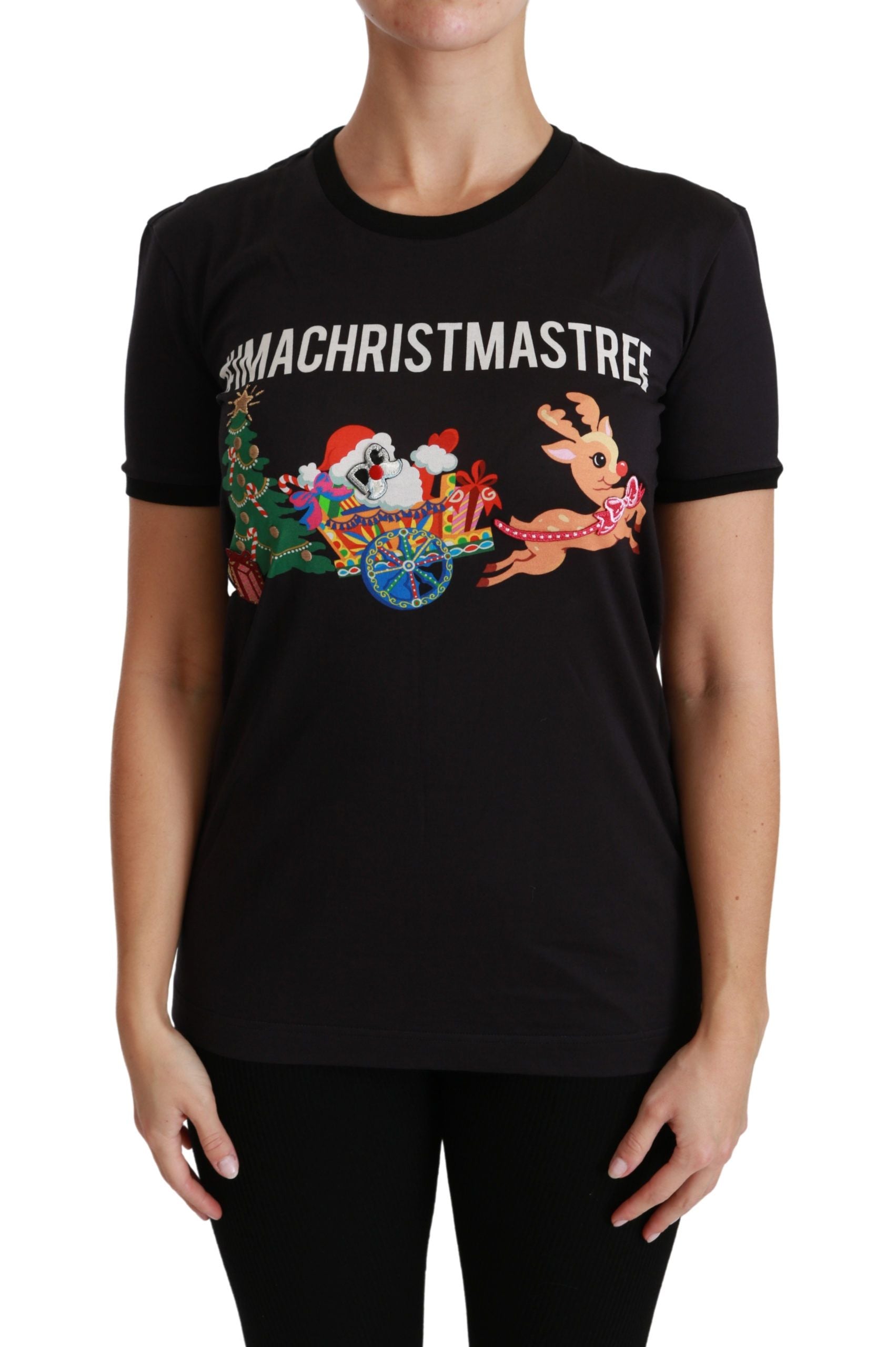 Black Cotton Crewneck Tee with Unique Print - ventzia