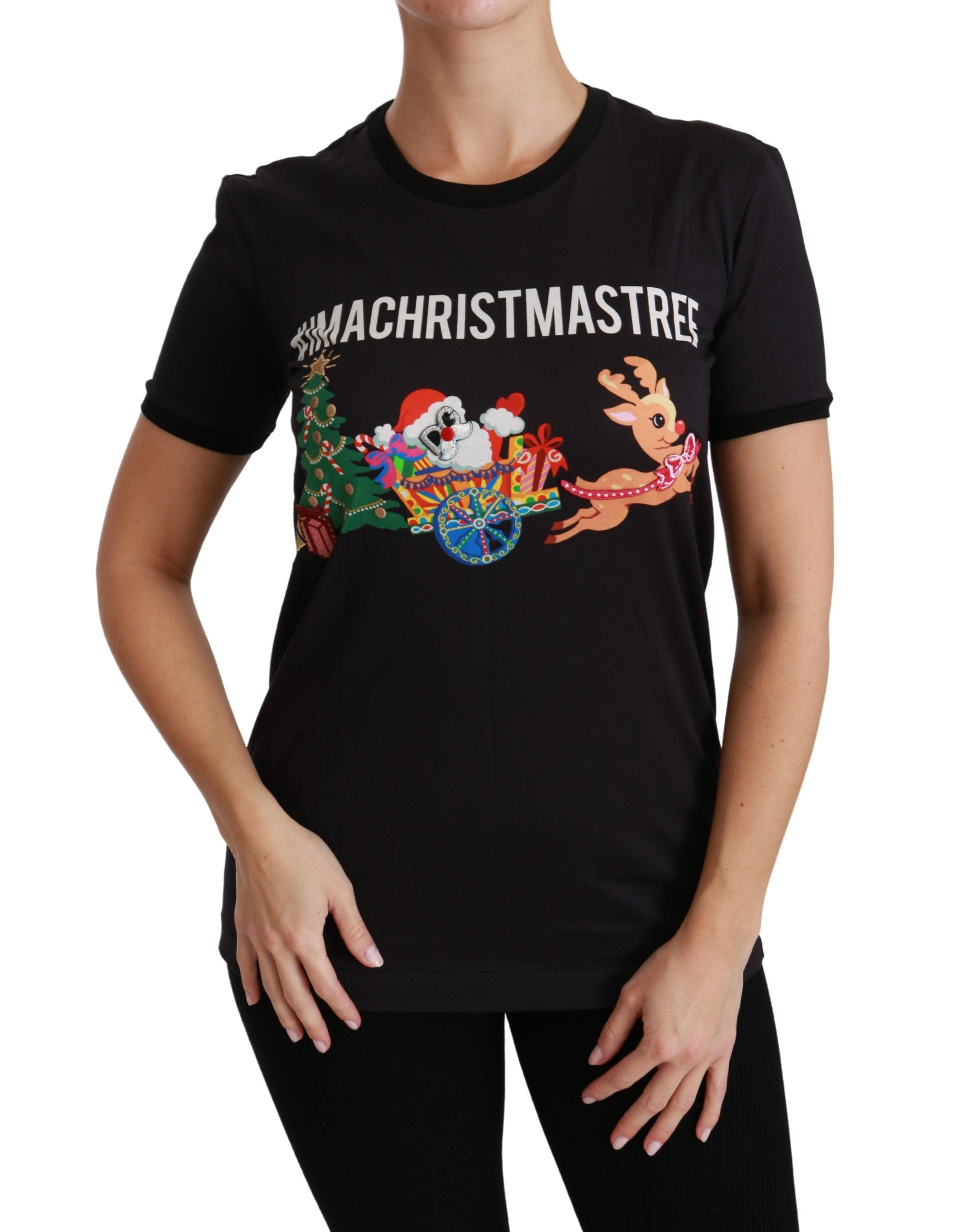 Black Cotton Crewneck Tee with Unique Print - ventzia