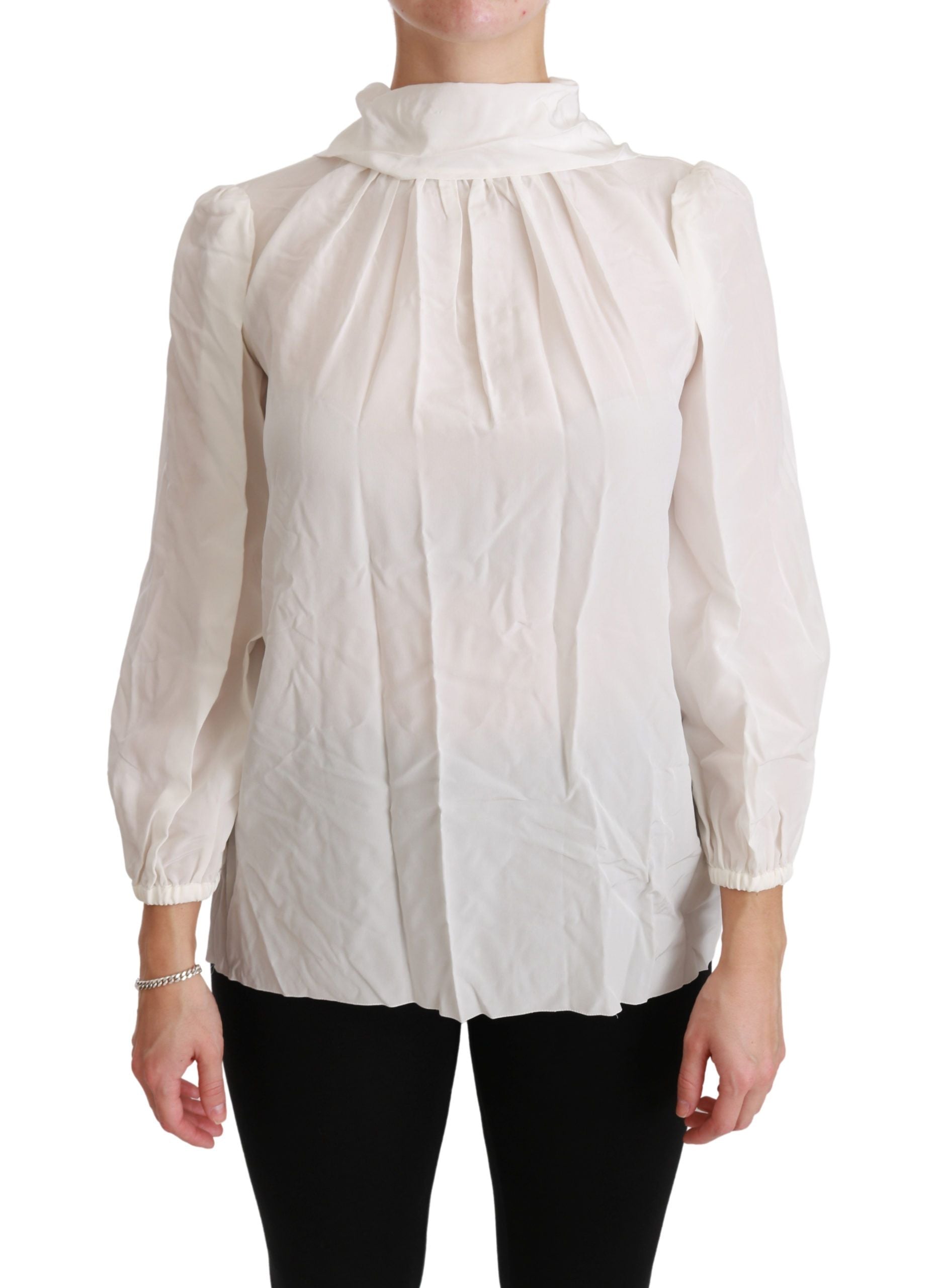 Elegant White Silk Turtle Neck Blouse - ventzia