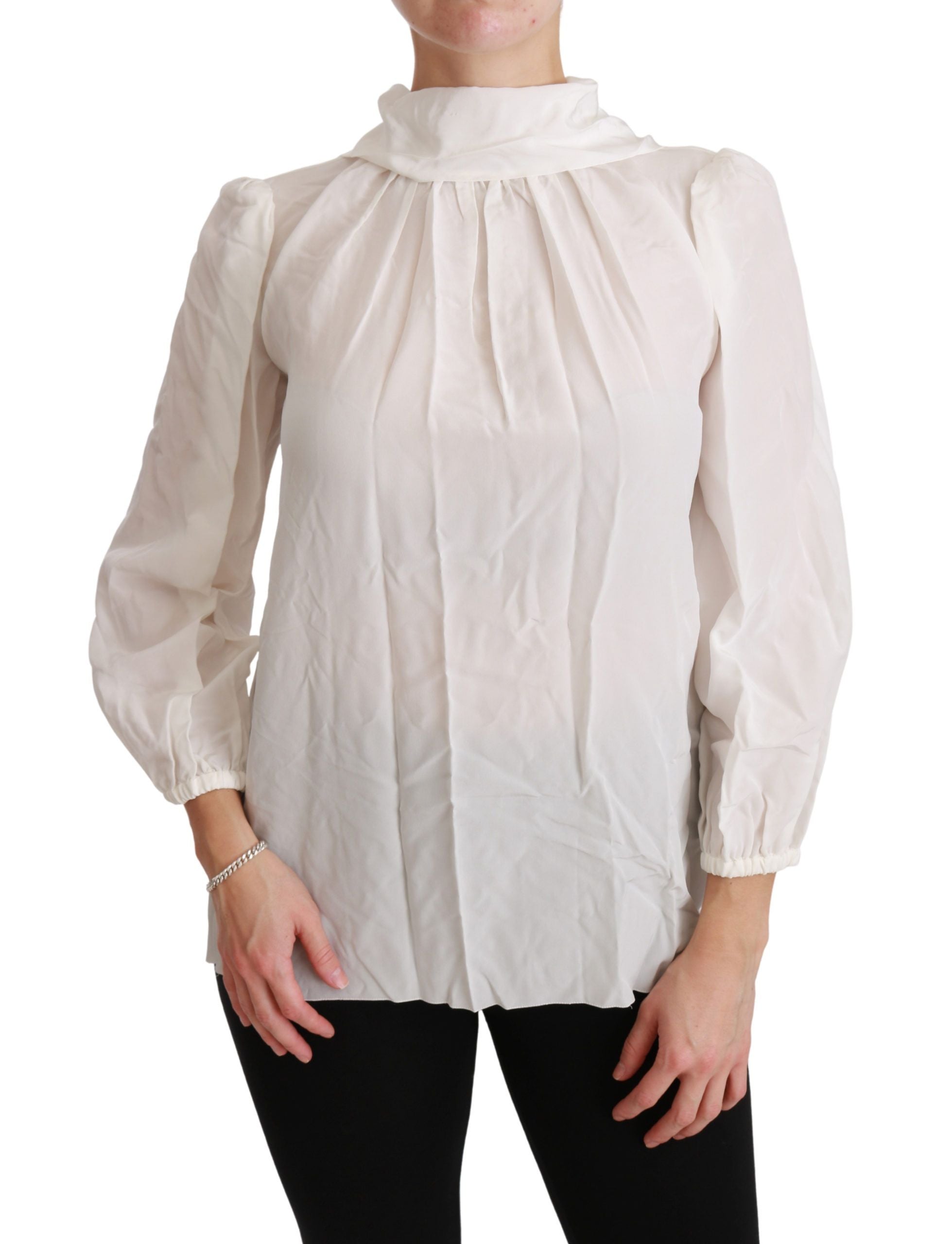 Elegant White Silk Turtle Neck Blouse - ventzia