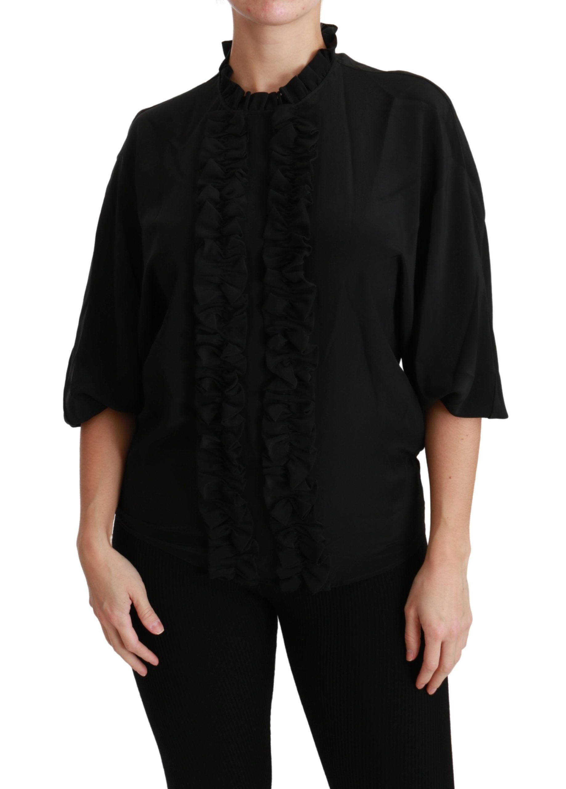 Elegant Black Silk Short Sleeve Blouse - ventzia