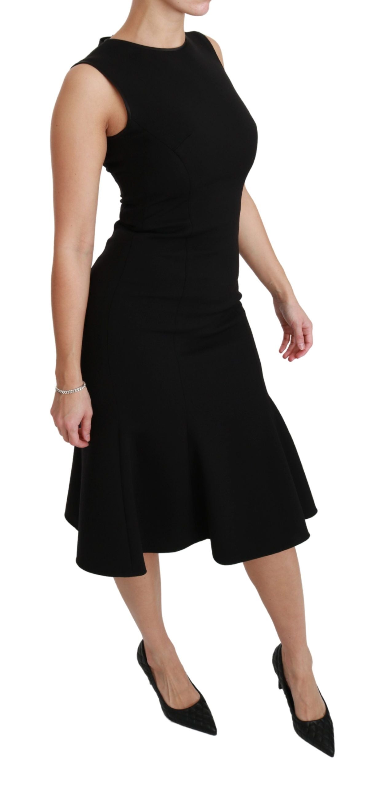Elegant Black Fit Flare Wool Blend Dress - ventzia