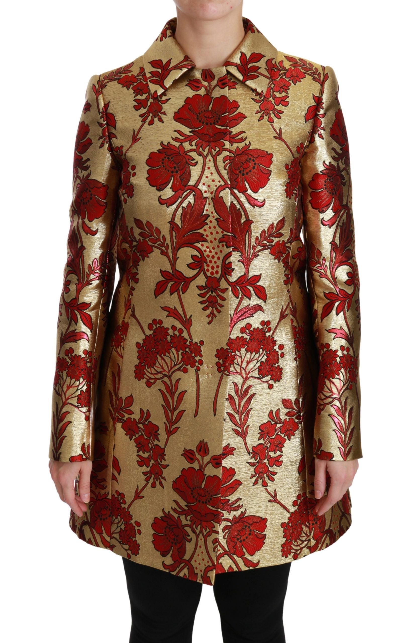 Elegant Gold Floral Brocade Trench Coat - ventzia